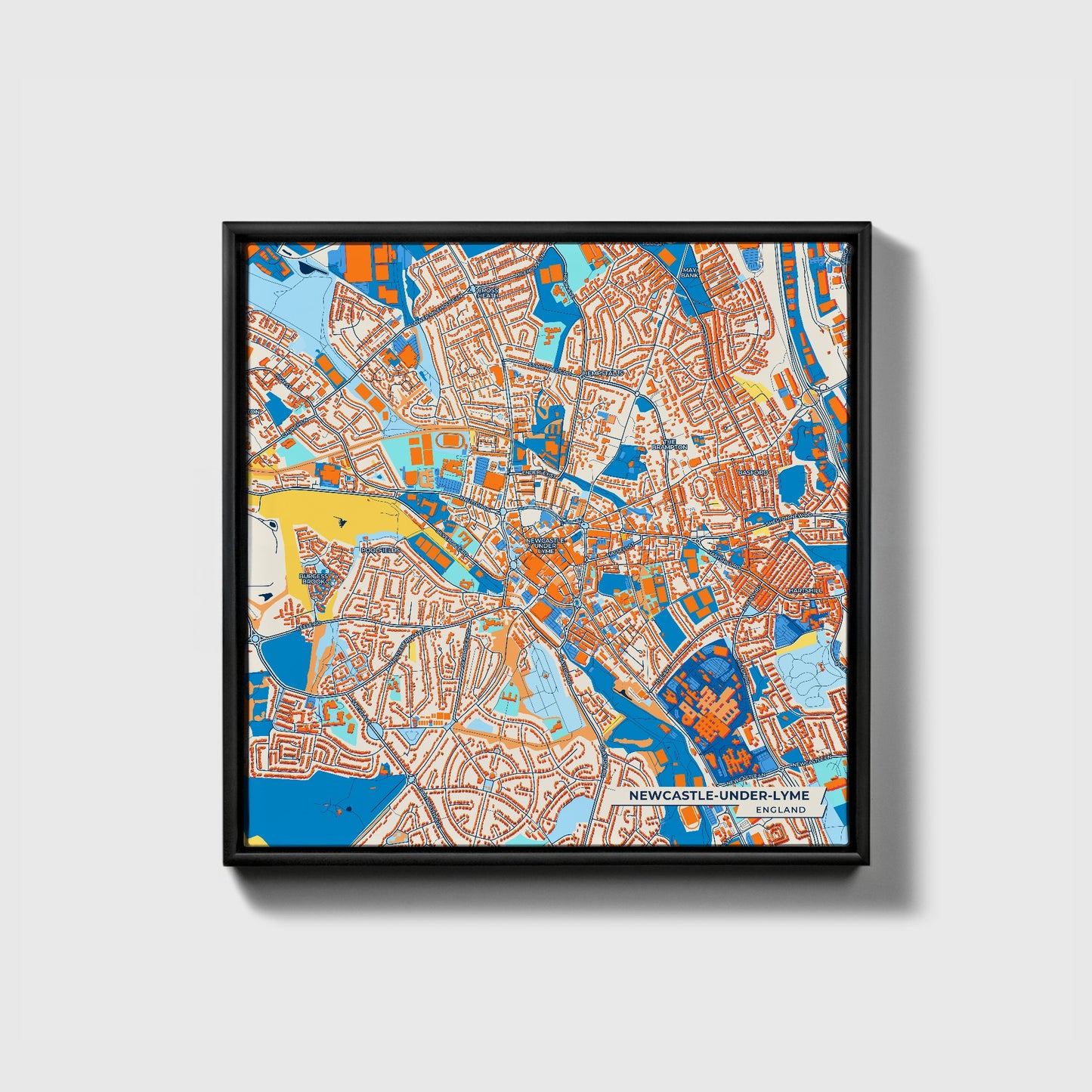 Newcastle-Under-Lyme England Colorful City Map Canvas Print • Black Framed