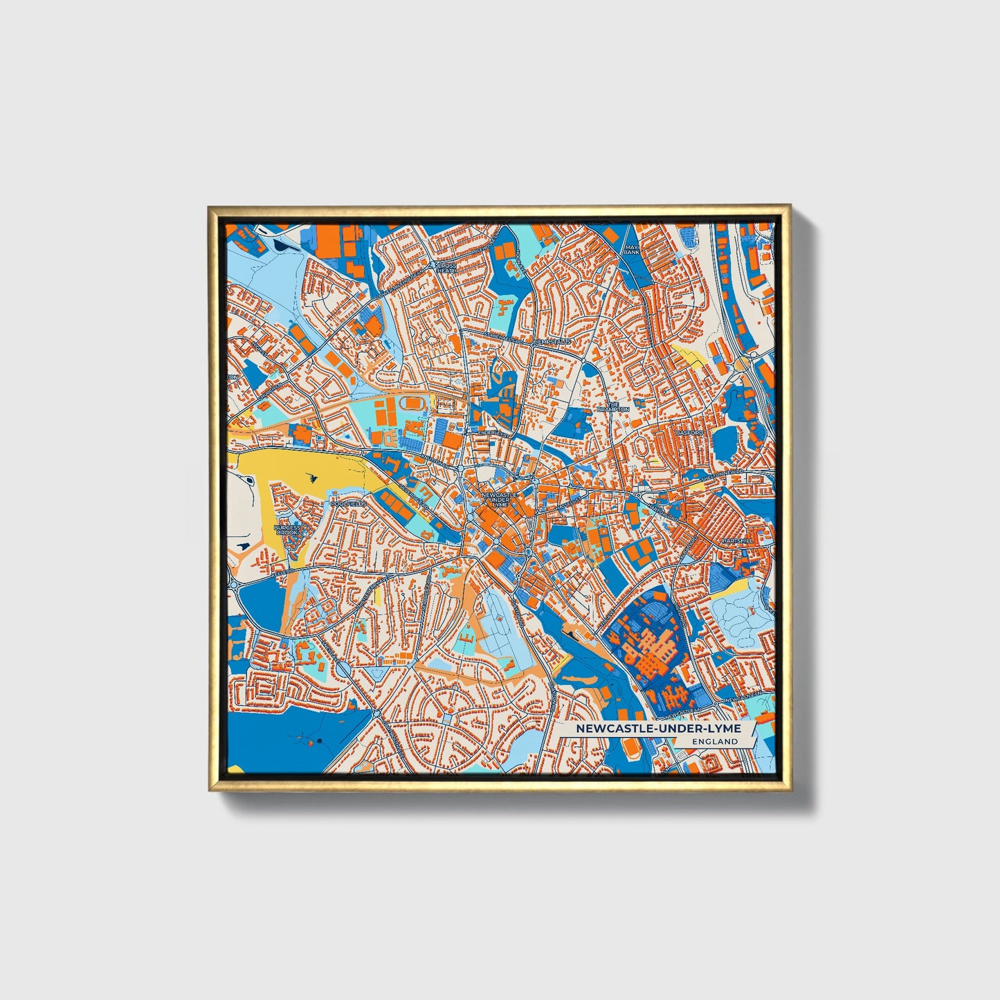 Newcastle-Under-Lyme England Colorful City Map Canvas Print • Gold Framed