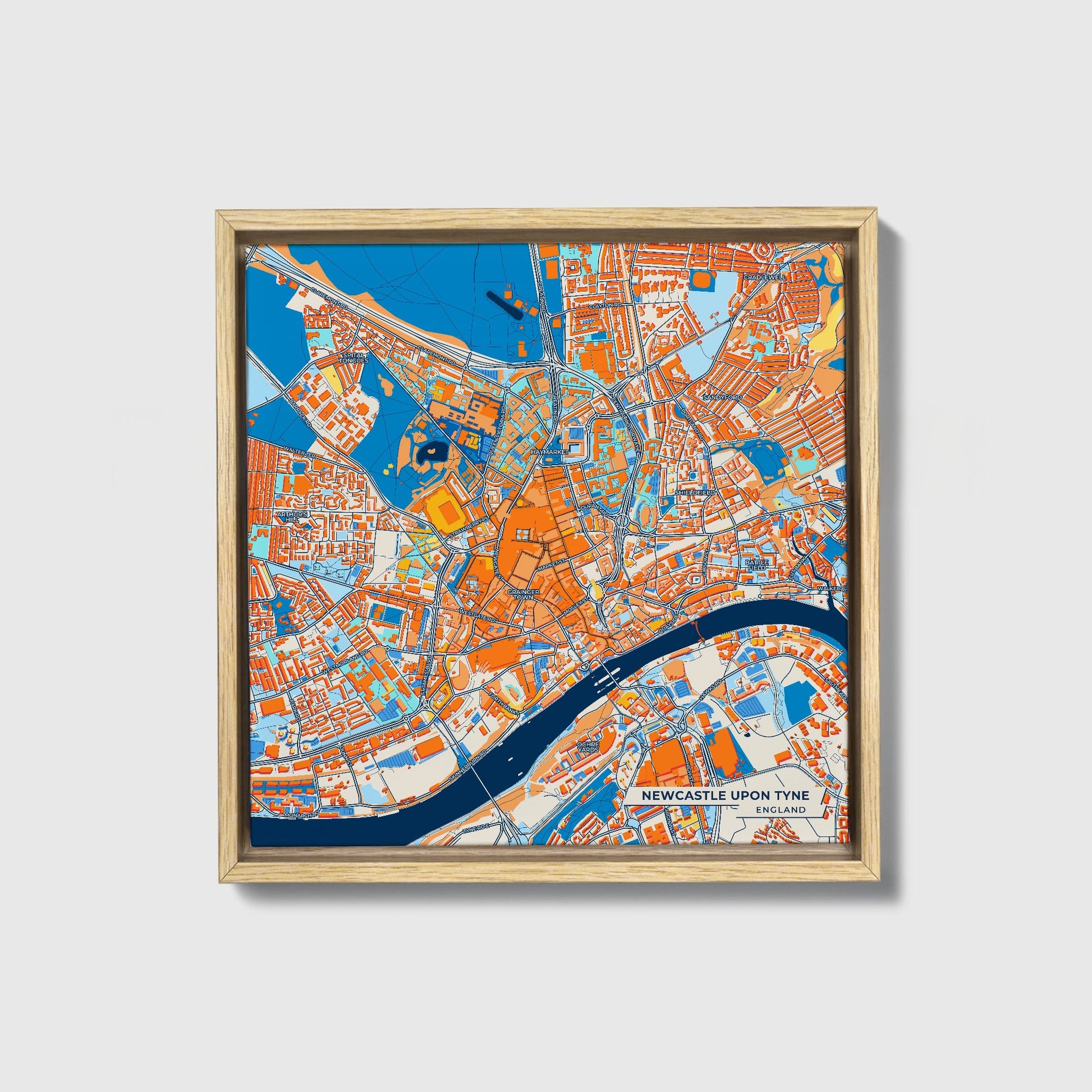 Newcastle Upon Tyne England Colorful City Map Canvas Print • Natural Wooden Framed