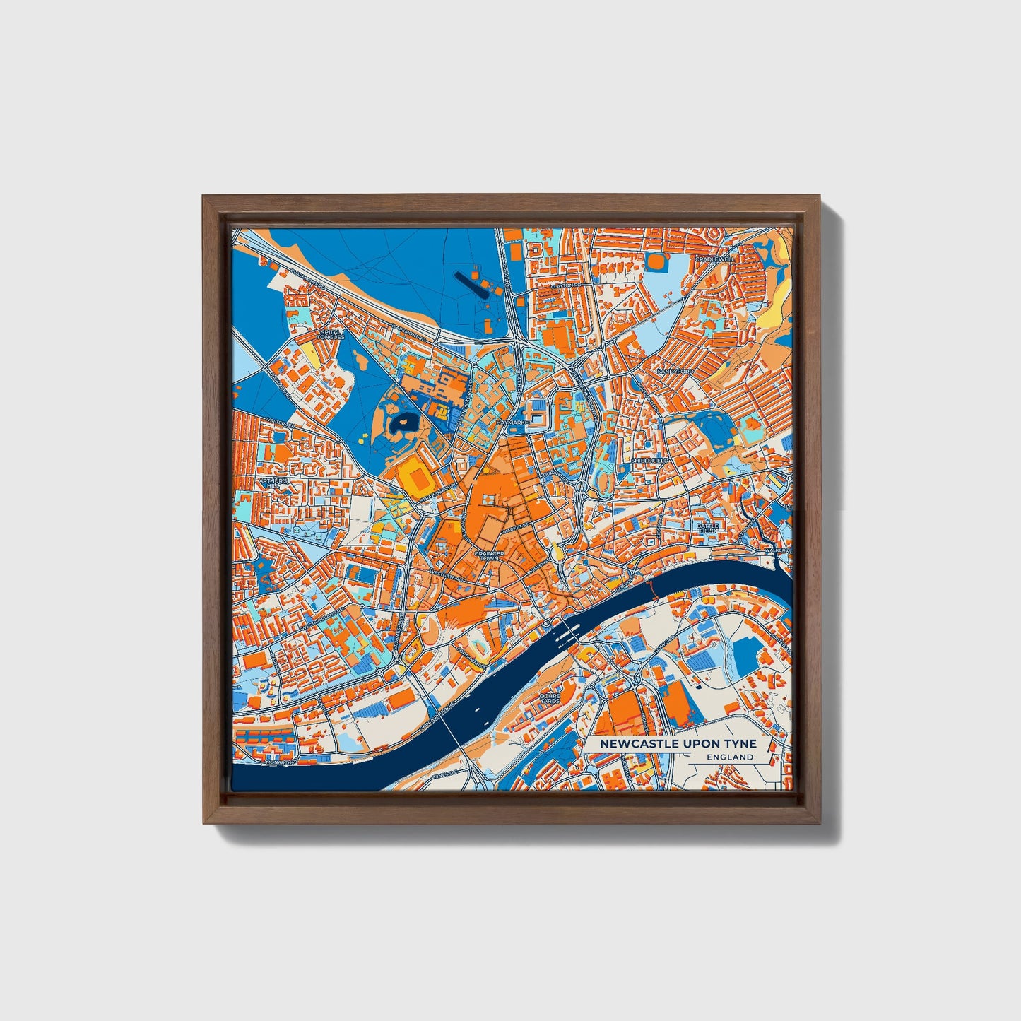 Newcastle Upon Tyne England Colorful City Map Canvas Print • Dark Wooden Framed