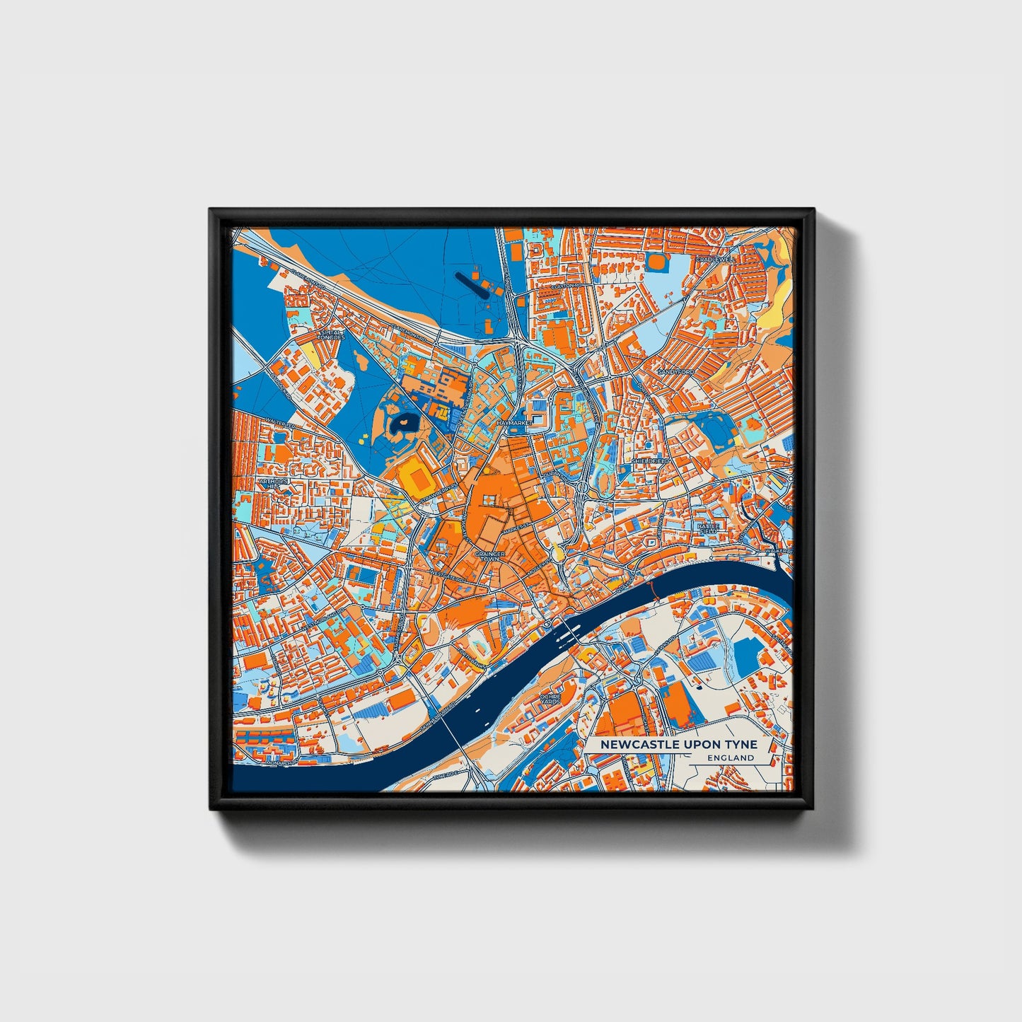 Newcastle Upon Tyne England Colorful City Map Canvas Print • Black Framed
