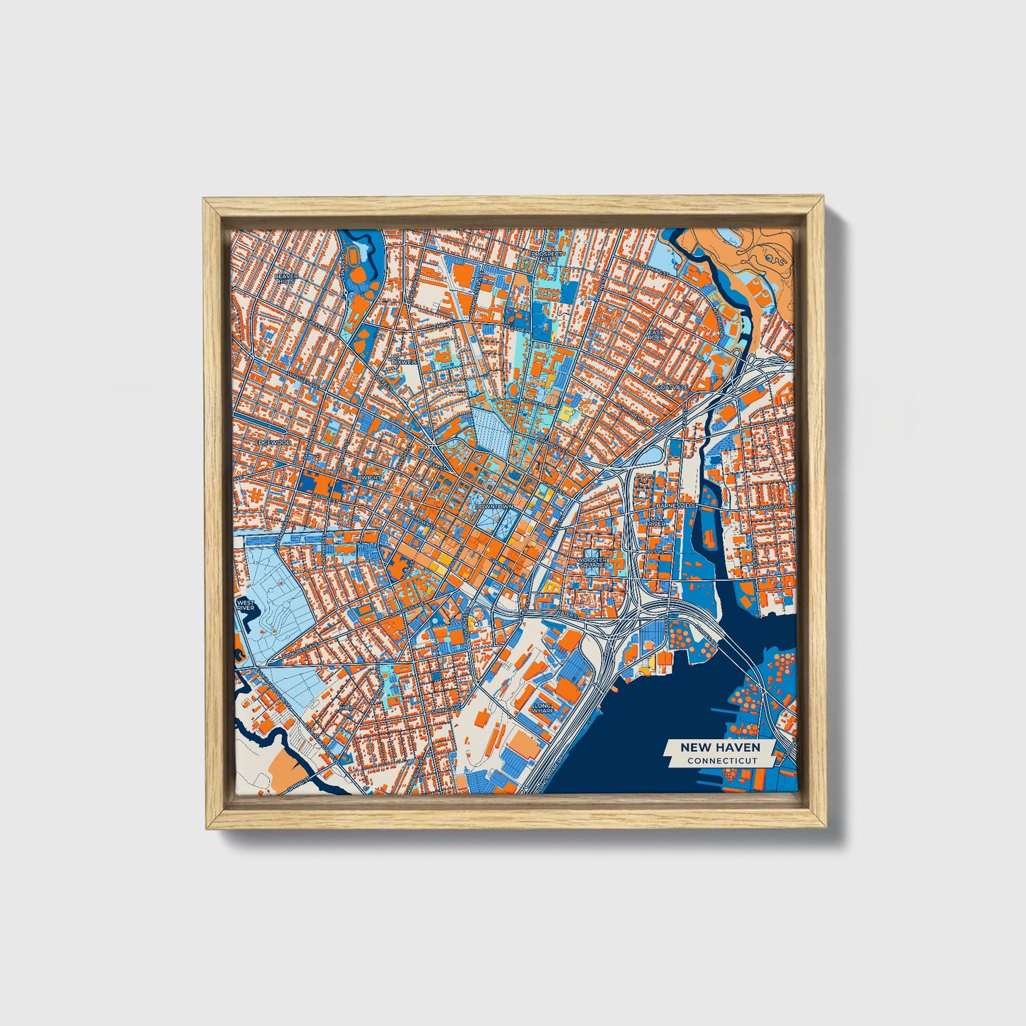 New Haven Connecticut Colorful City Map Canvas Print • Natural Wooden Framed