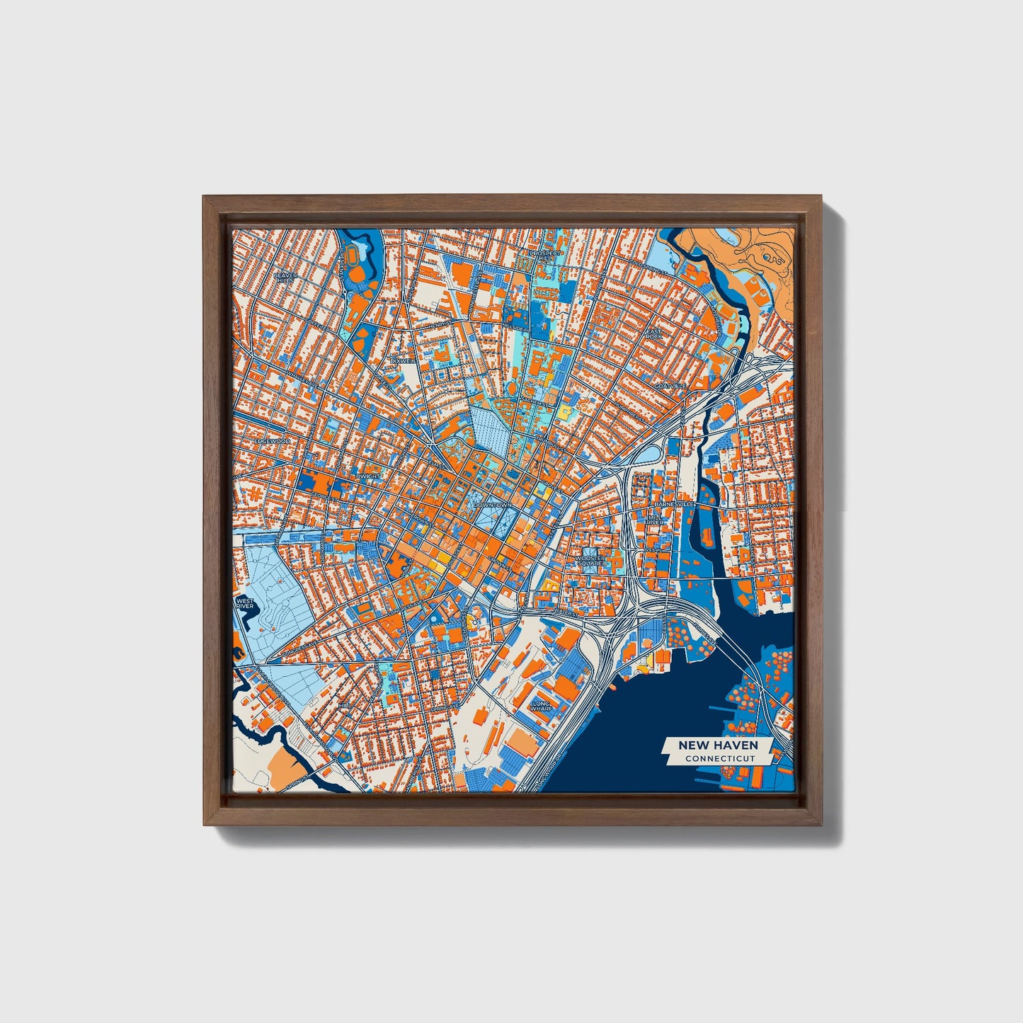 New Haven Connecticut Colorful City Map Canvas Print • Dark Wooden Framed