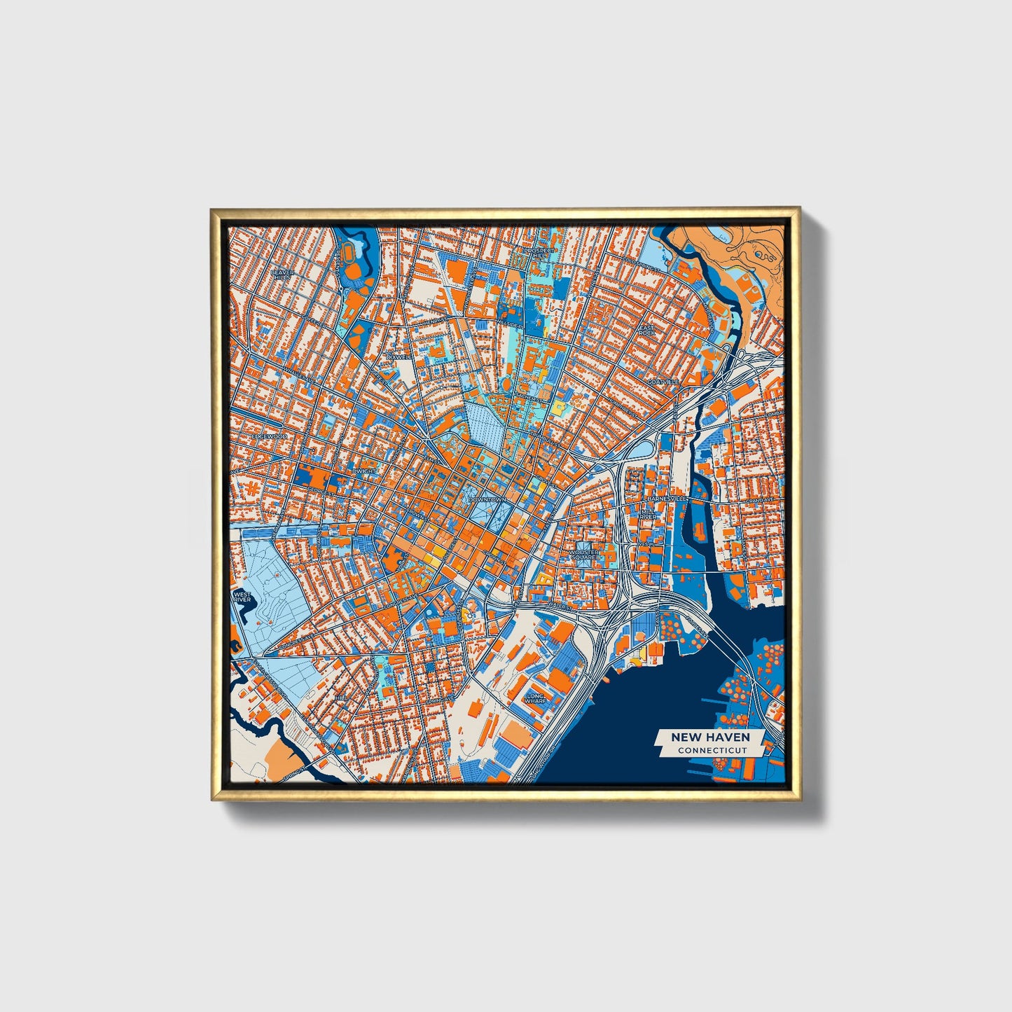 New Haven Connecticut Colorful City Map Canvas Print • Gold Framed