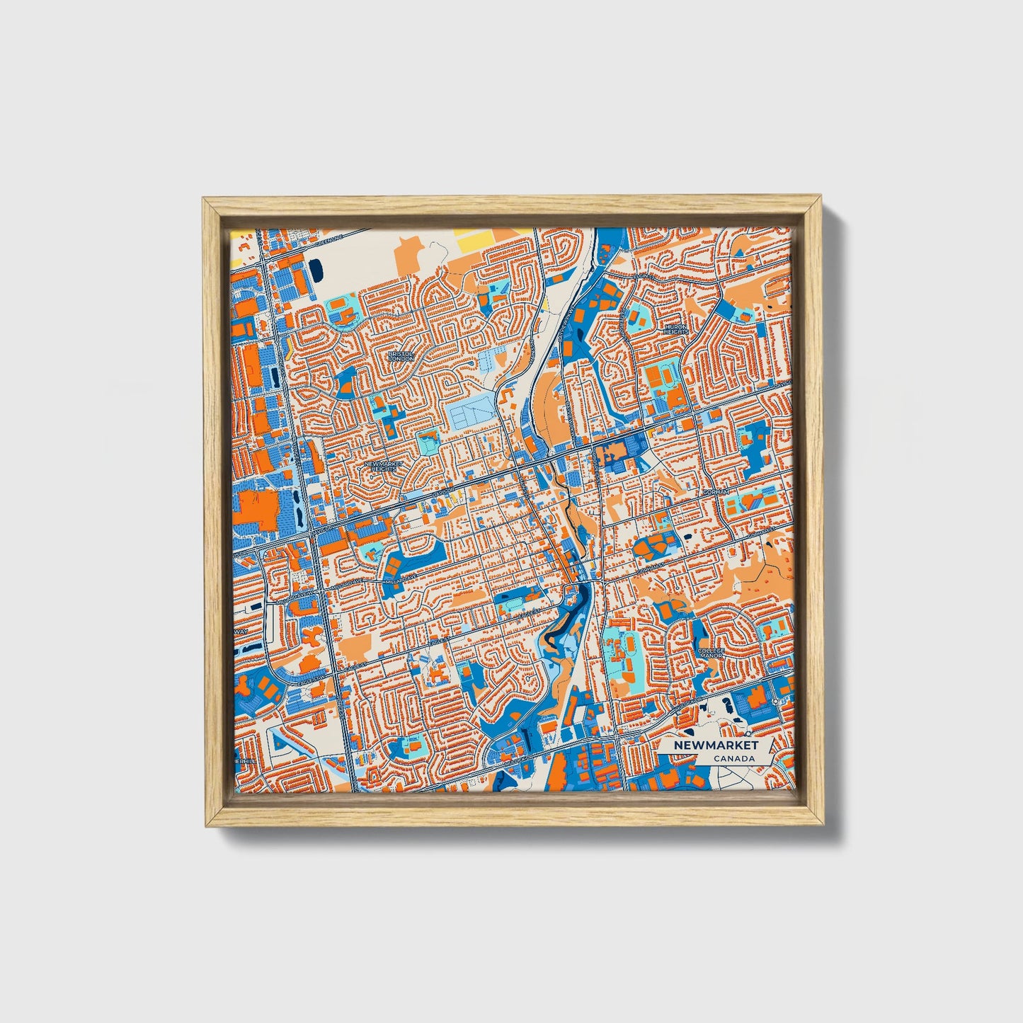 Newmarket Canada Colorful City Map Canvas Print • Natural Wooden Framed