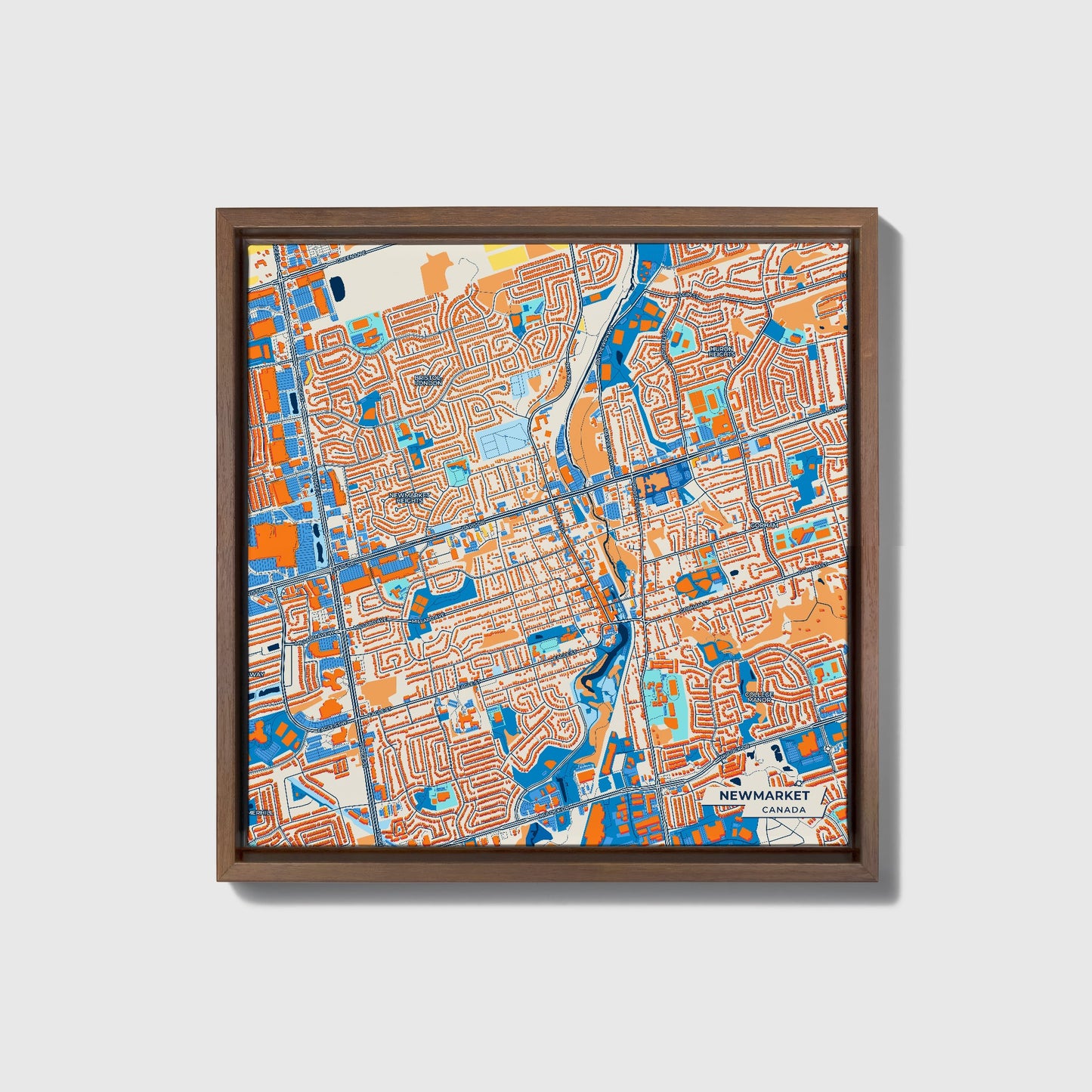 Newmarket Canada Colorful City Map Canvas Print • Dark Wooden Framed