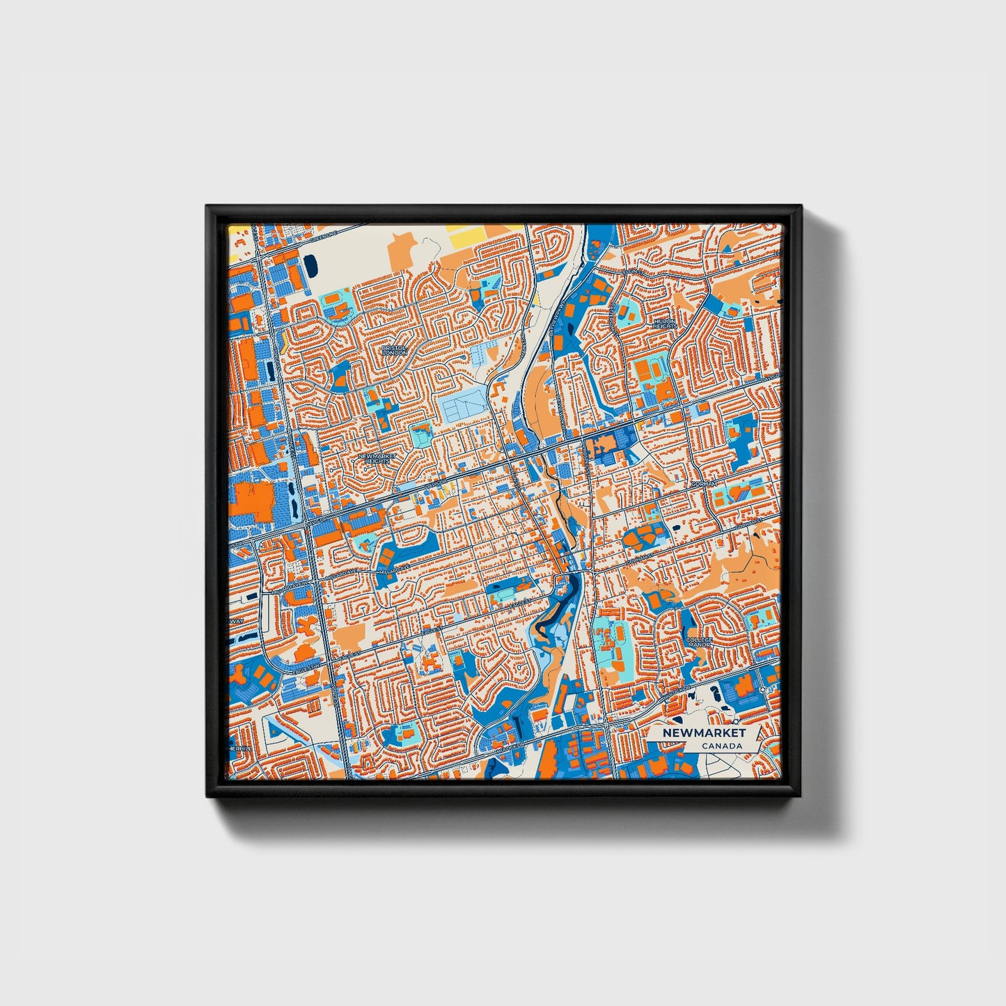 Newmarket Canada Colorful City Map Canvas Print • Black Framed