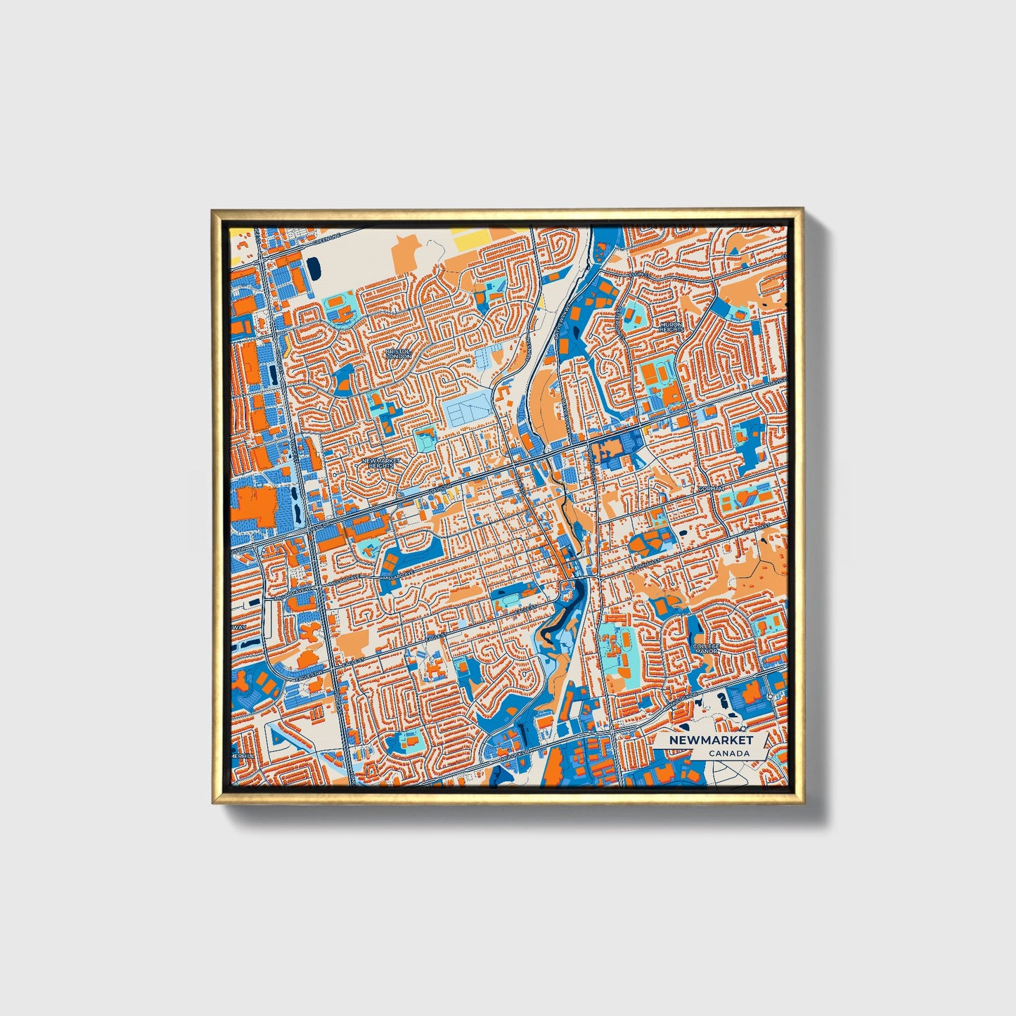 Newmarket Canada Colorful City Map Canvas Print • Gold Framed