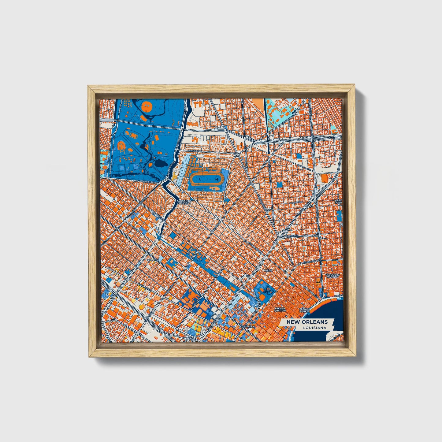 New Orleans Louisiana Colorful City Map Canvas Print • Natural Wooden Framed