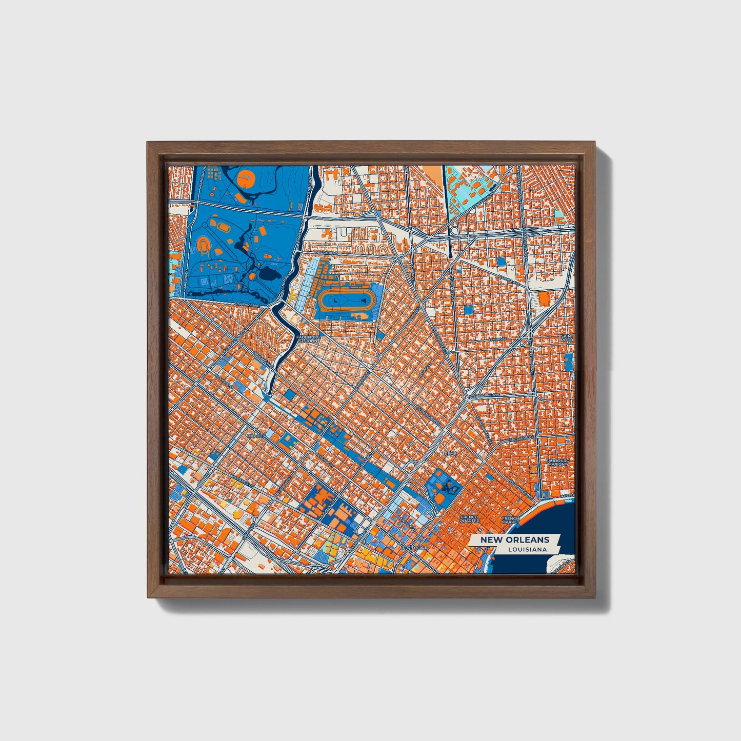 New Orleans Louisiana Colorful City Map Canvas Print • Dark Wooden Framed