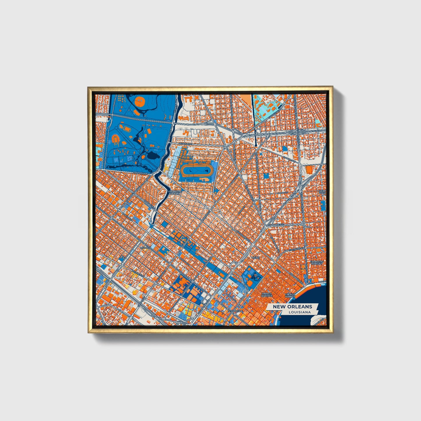New Orleans Louisiana Colorful City Map Canvas Print • Gold Framed