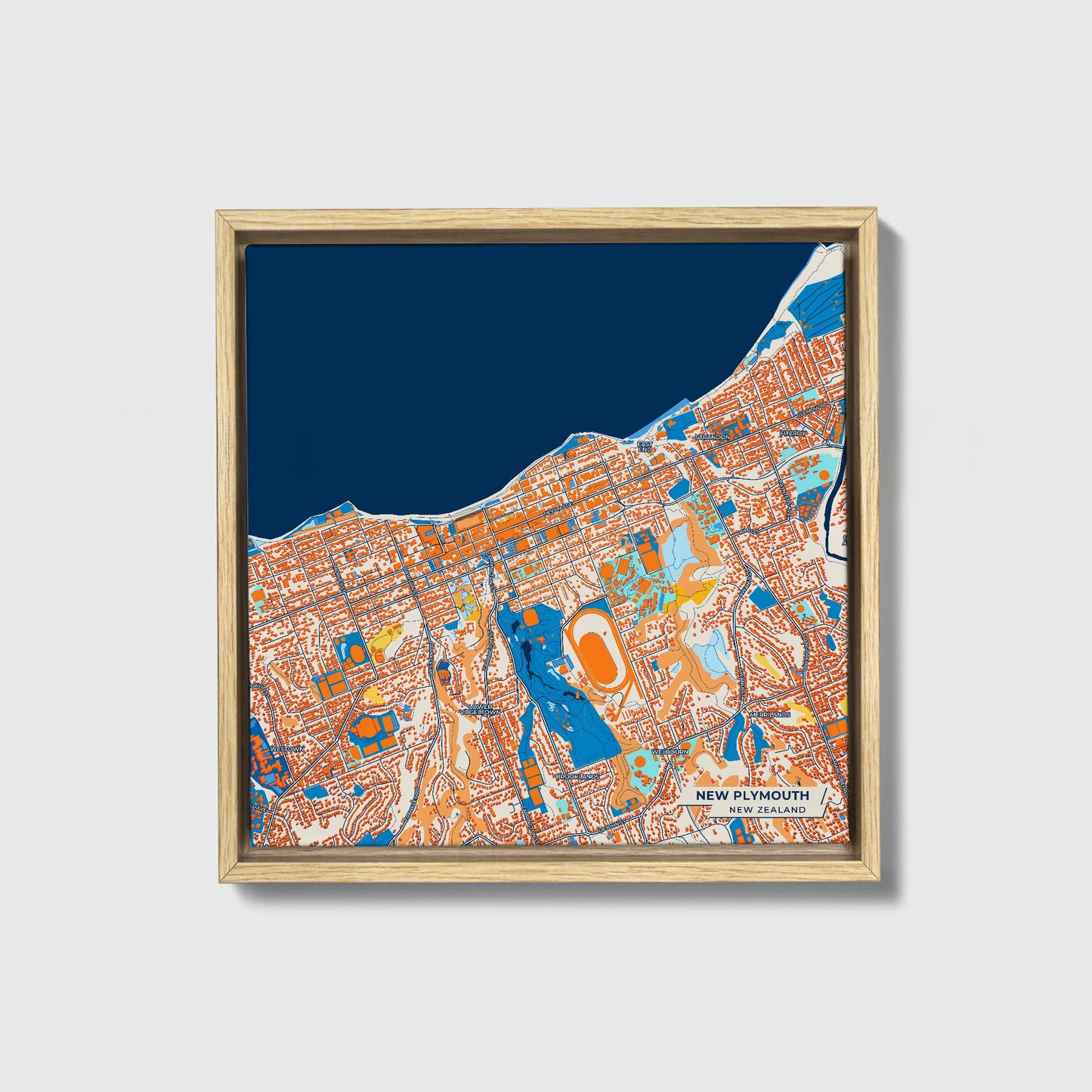 New Plymouth New Zealand Colorful City Map Canvas Print • Natural Wooden Framed