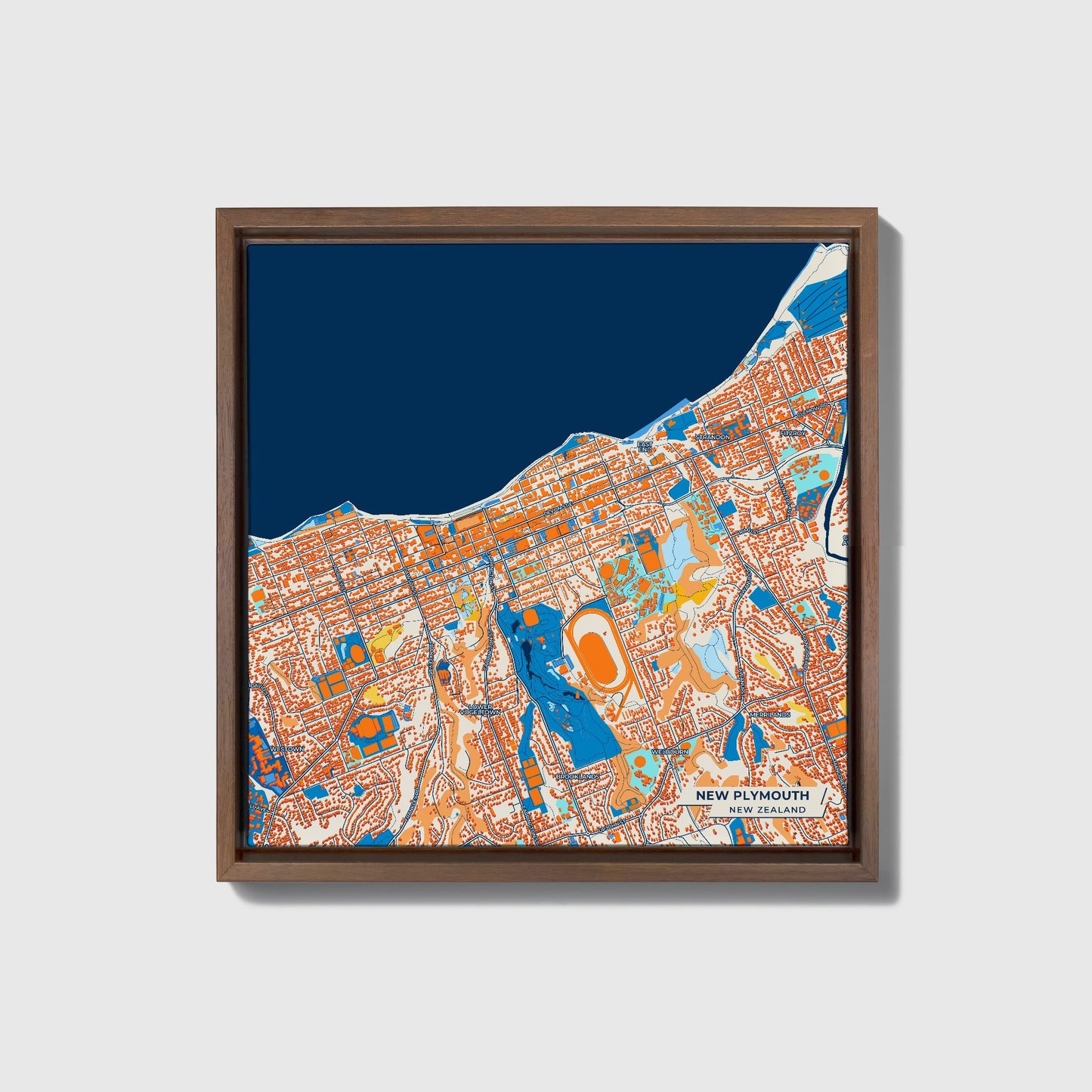 New Plymouth New Zealand Colorful City Map Canvas Print • Dark Wooden Framed