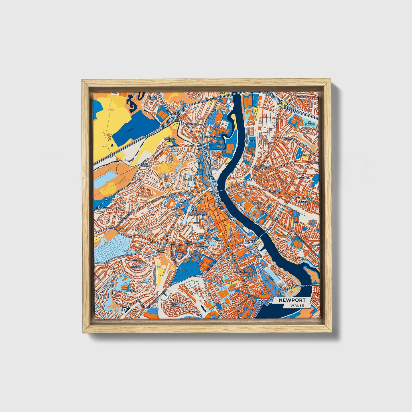 Newport Wales Colorful City Map Canvas Print • Natural Wooden Framed