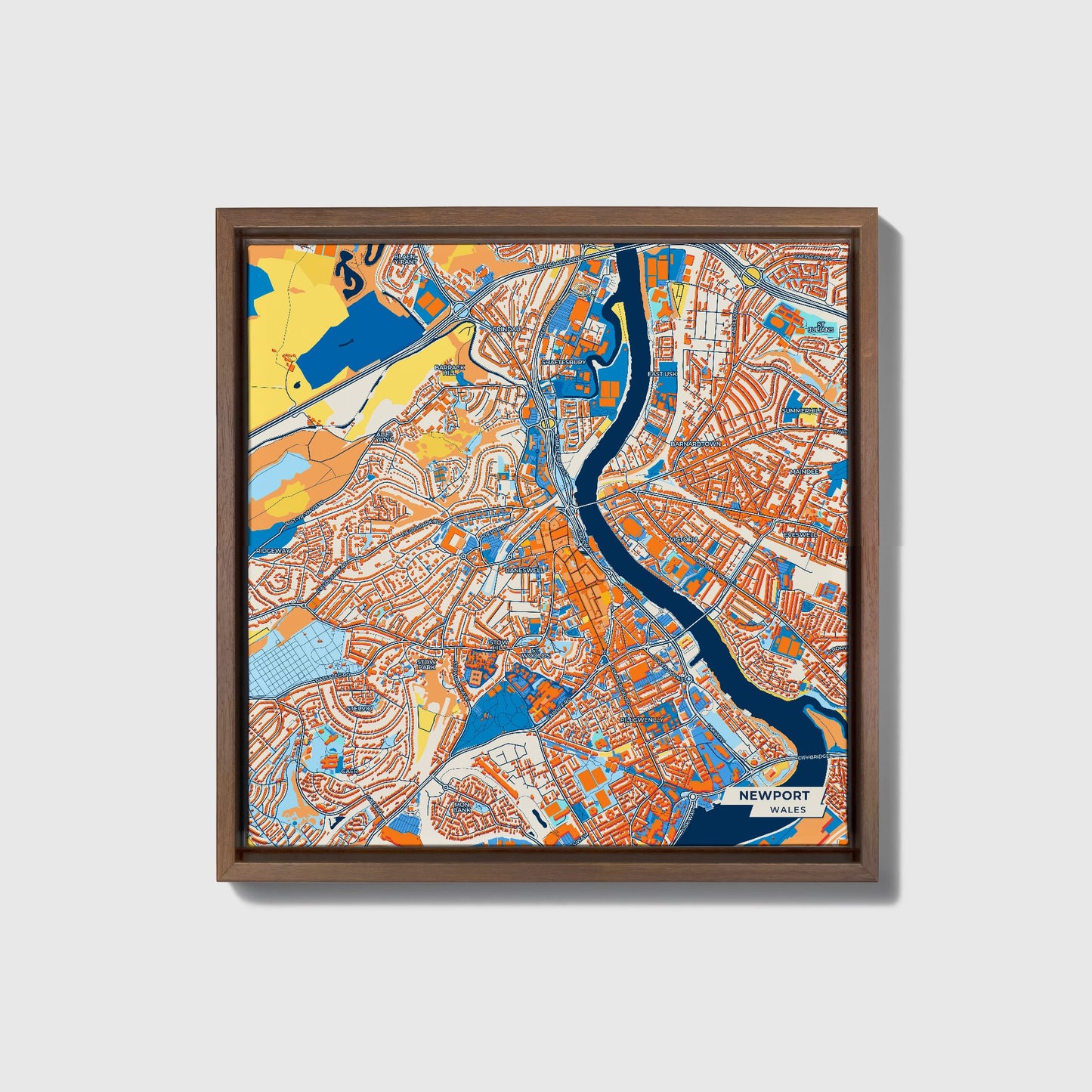 Newport Wales Colorful City Map Canvas Print • Dark Wooden Framed