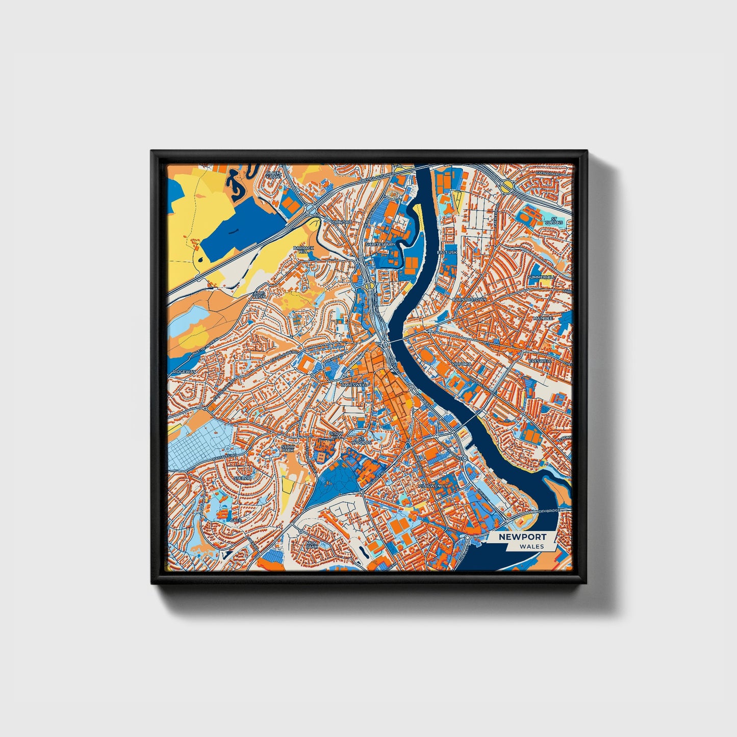 Newport Wales Colorful City Map Canvas Print • Black Framed