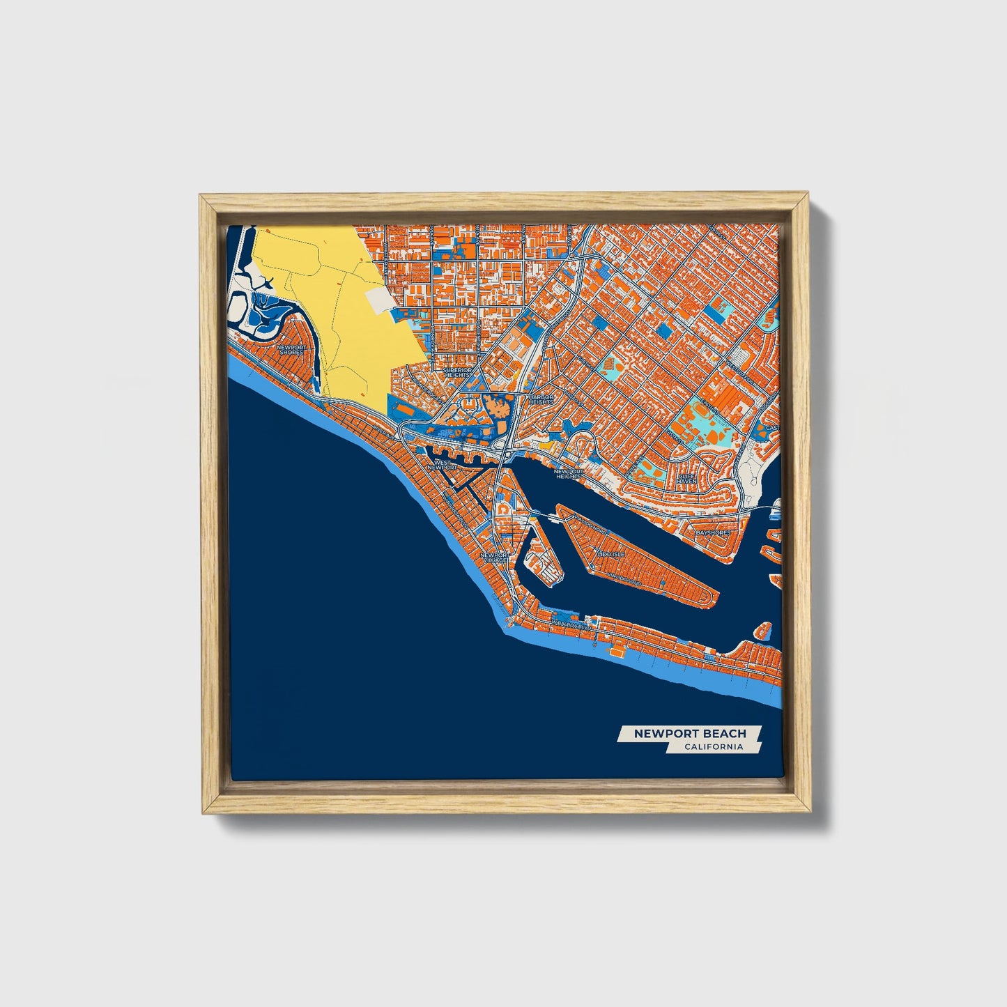 Newport Beach California Colorful City Map Canvas Print • Natural Wooden Framed