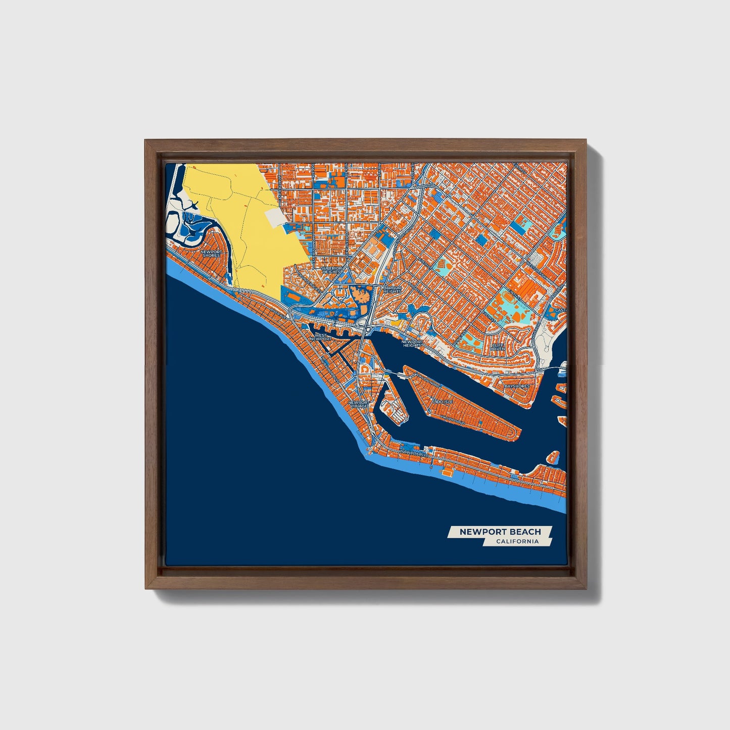 Newport Beach California Colorful City Map Canvas Print • Dark Wooden Framed