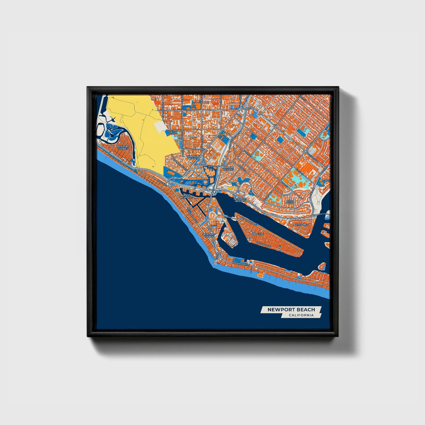 Newport Beach California Colorful City Map Canvas Print • Black Framed