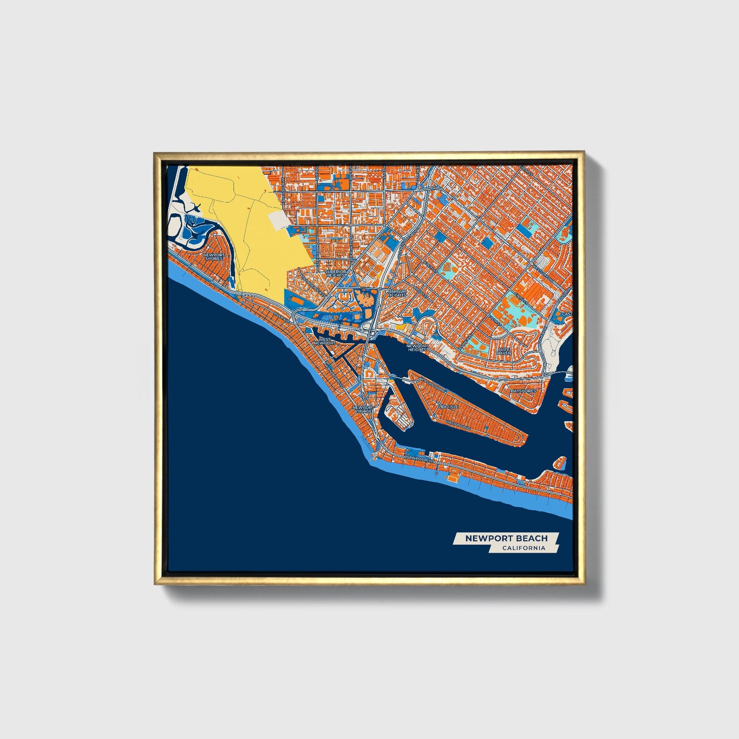 Newport Beach California Colorful City Map Canvas Print • Gold Framed