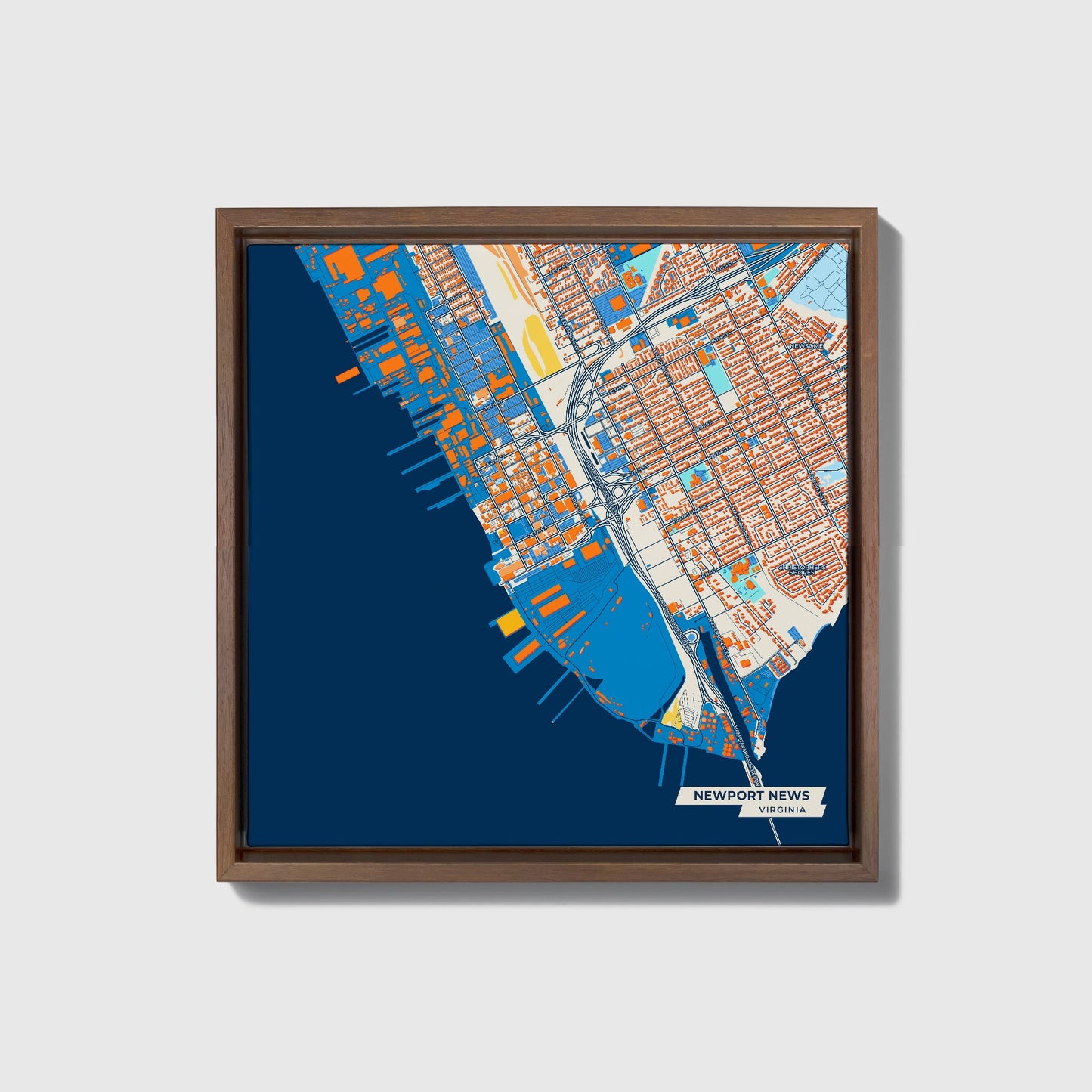 Newport News Virginia Colorful City Map Canvas Print • Dark Wooden Framed