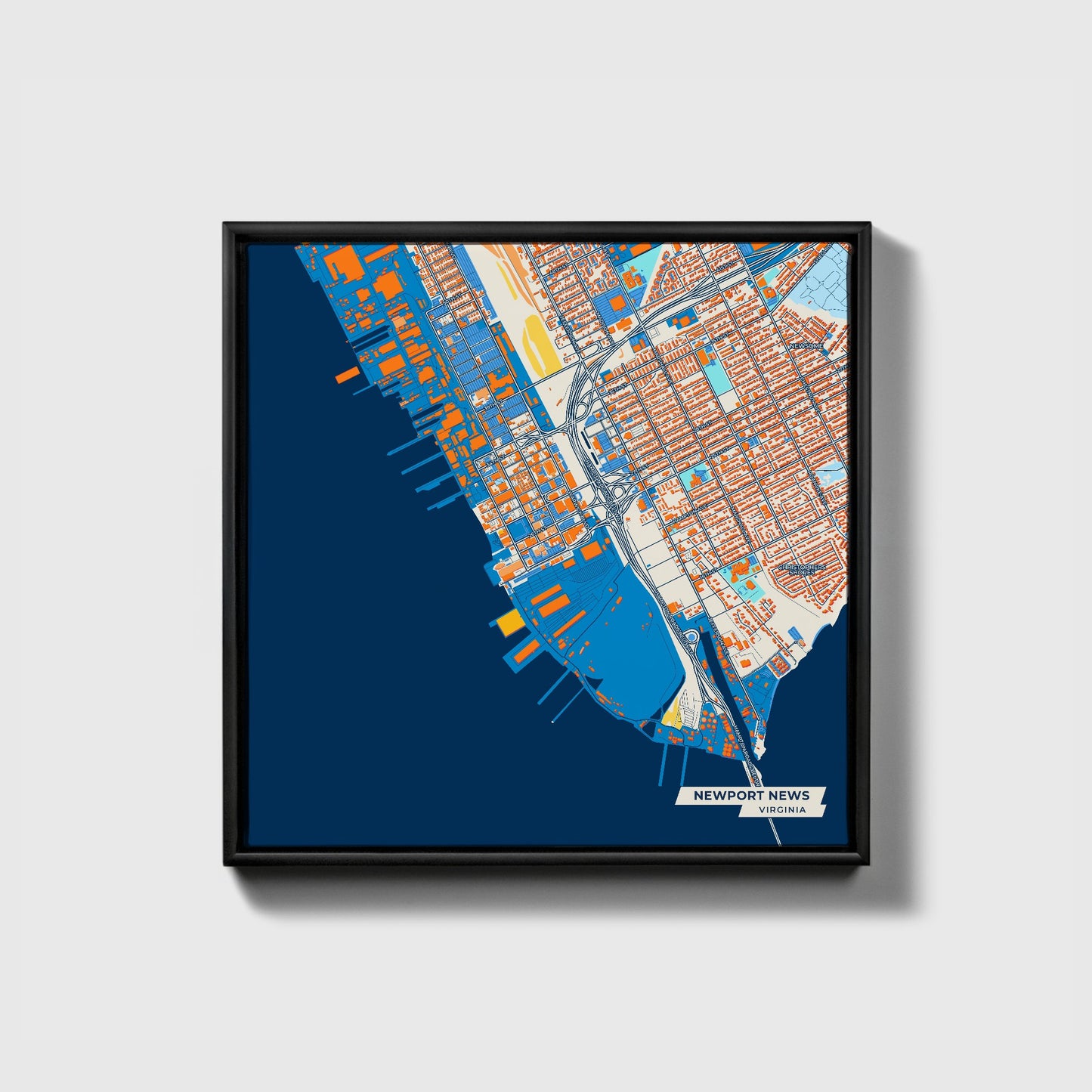 Newport News Virginia Colorful City Map Canvas Print • Black Framed