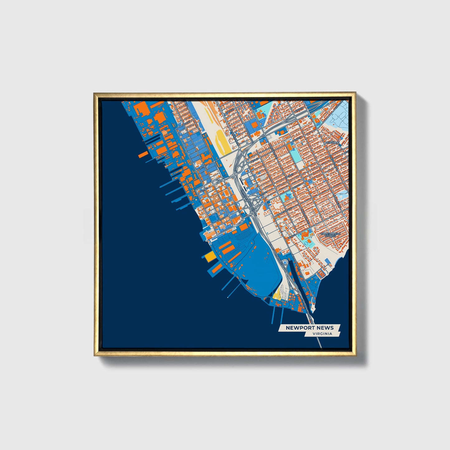 Newport News Virginia Colorful City Map Canvas Print • Gold Framed