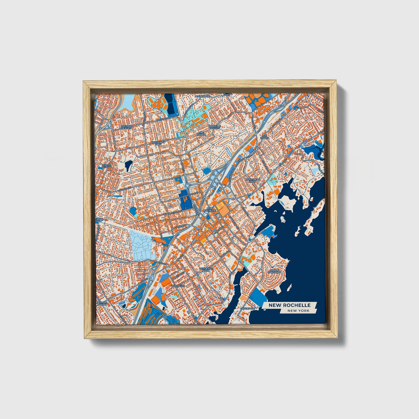 New Rochelle New York Colorful City Map Canvas Print • Natural Wooden Framed