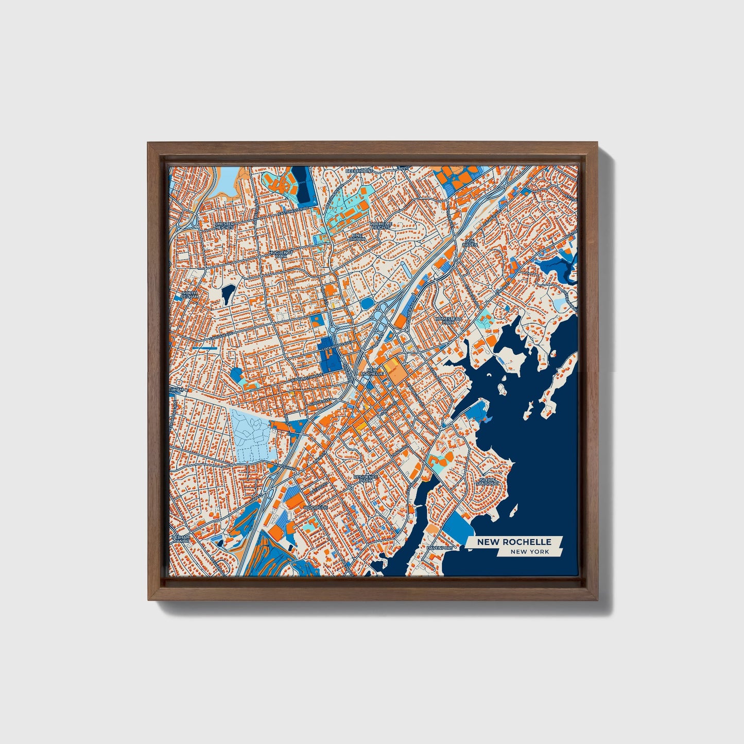 New Rochelle New York Colorful City Map Canvas Print • Dark Wooden Framed