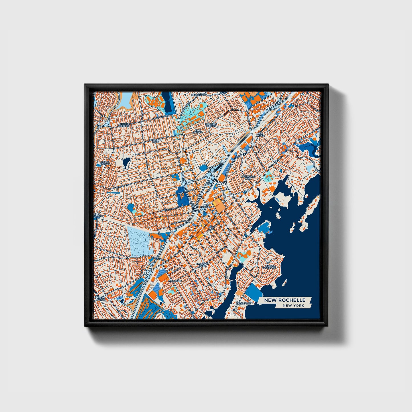 New Rochelle New York Colorful City Map Canvas Print • Black Framed