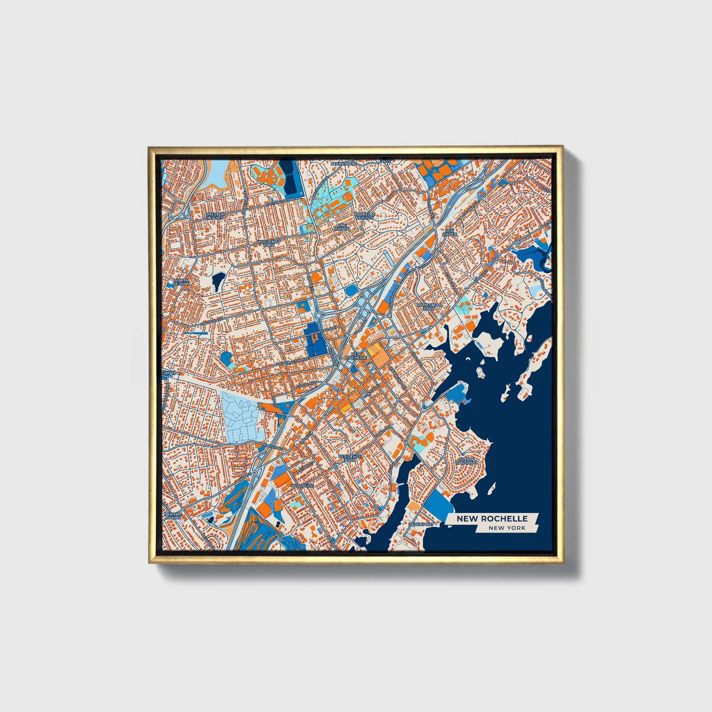 New Rochelle New York Colorful City Map Canvas Print • Gold Framed