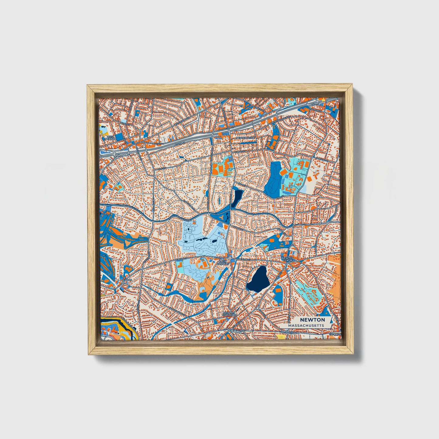 Newton Massachusetts Colorful City Map Canvas Print • Natural Wooden Framed