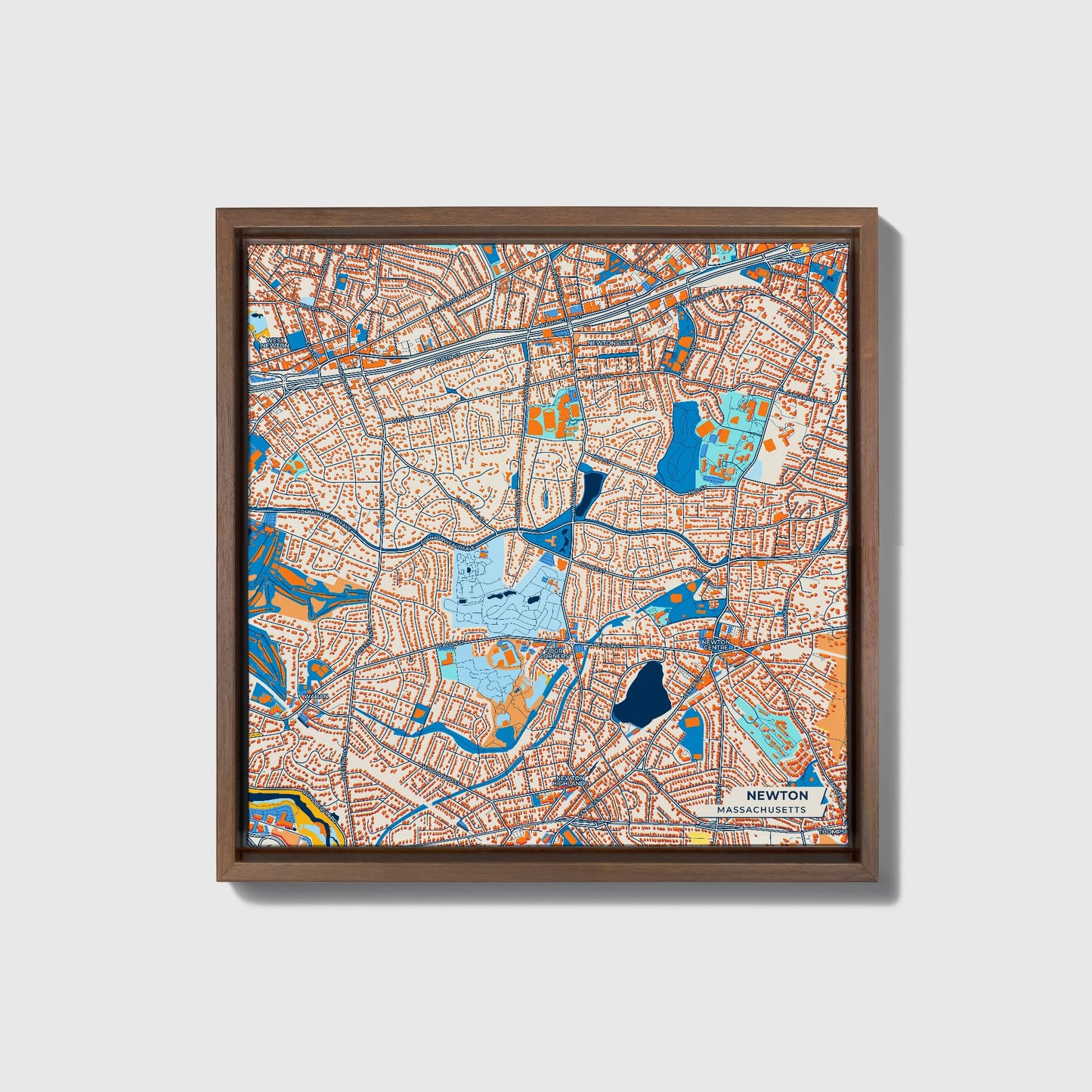 Newton Massachusetts Colorful City Map Canvas Print • Dark Wooden Framed
