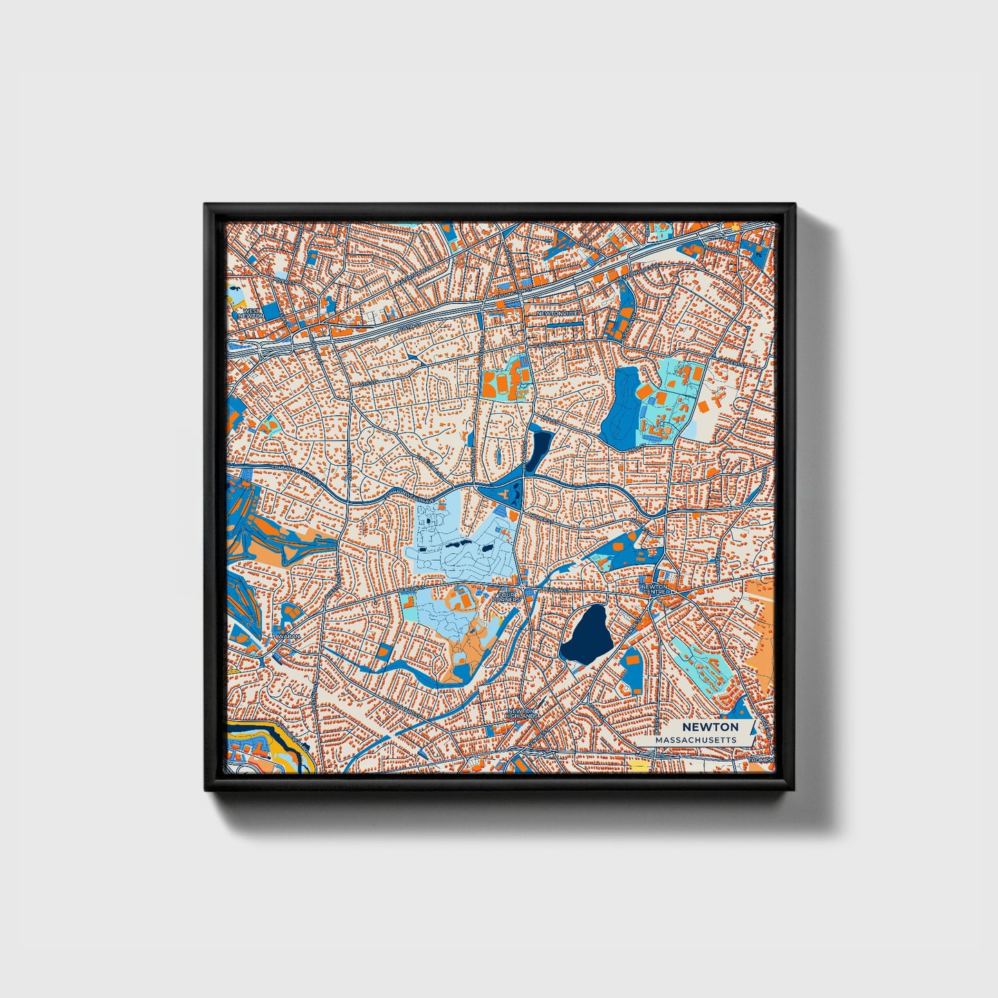 Newton Massachusetts Colorful City Map Canvas Print • Black Framed