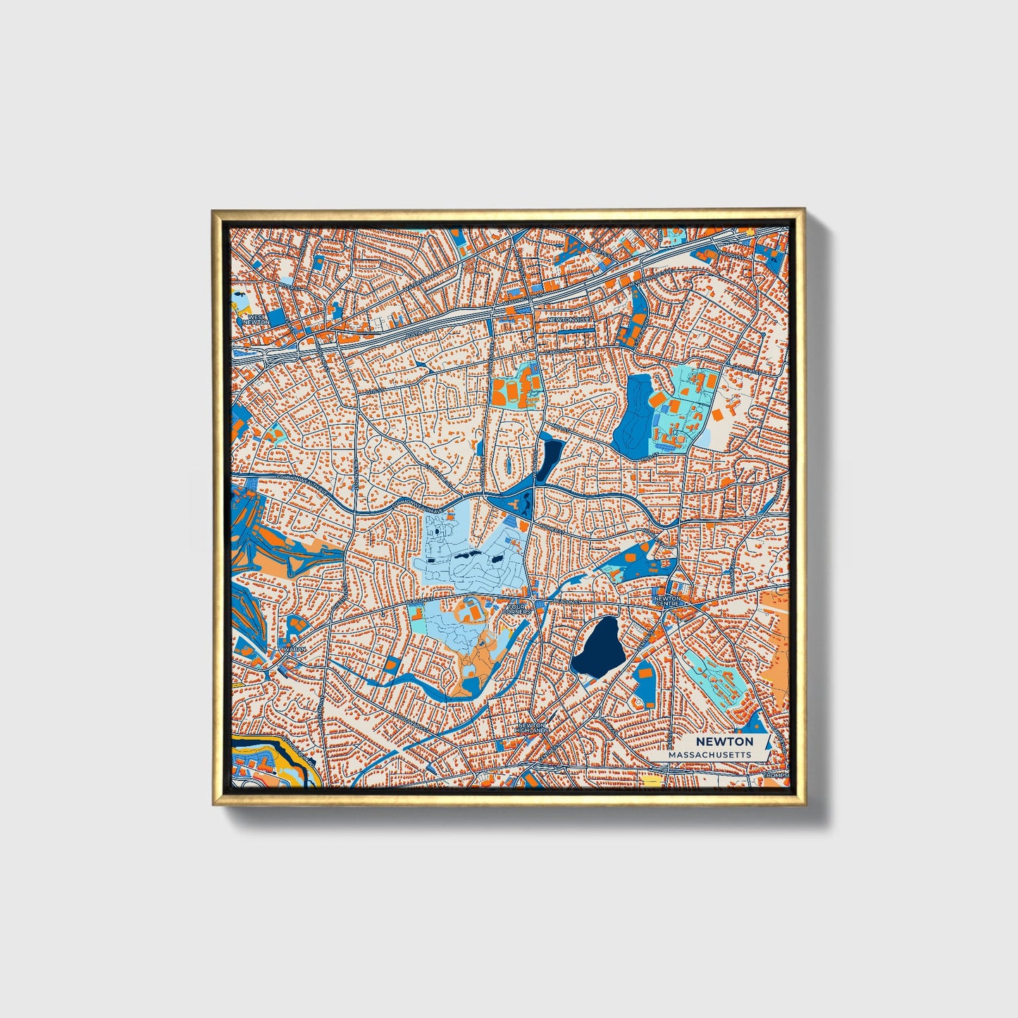 Newton Massachusetts Colorful City Map Canvas Print • Gold Framed