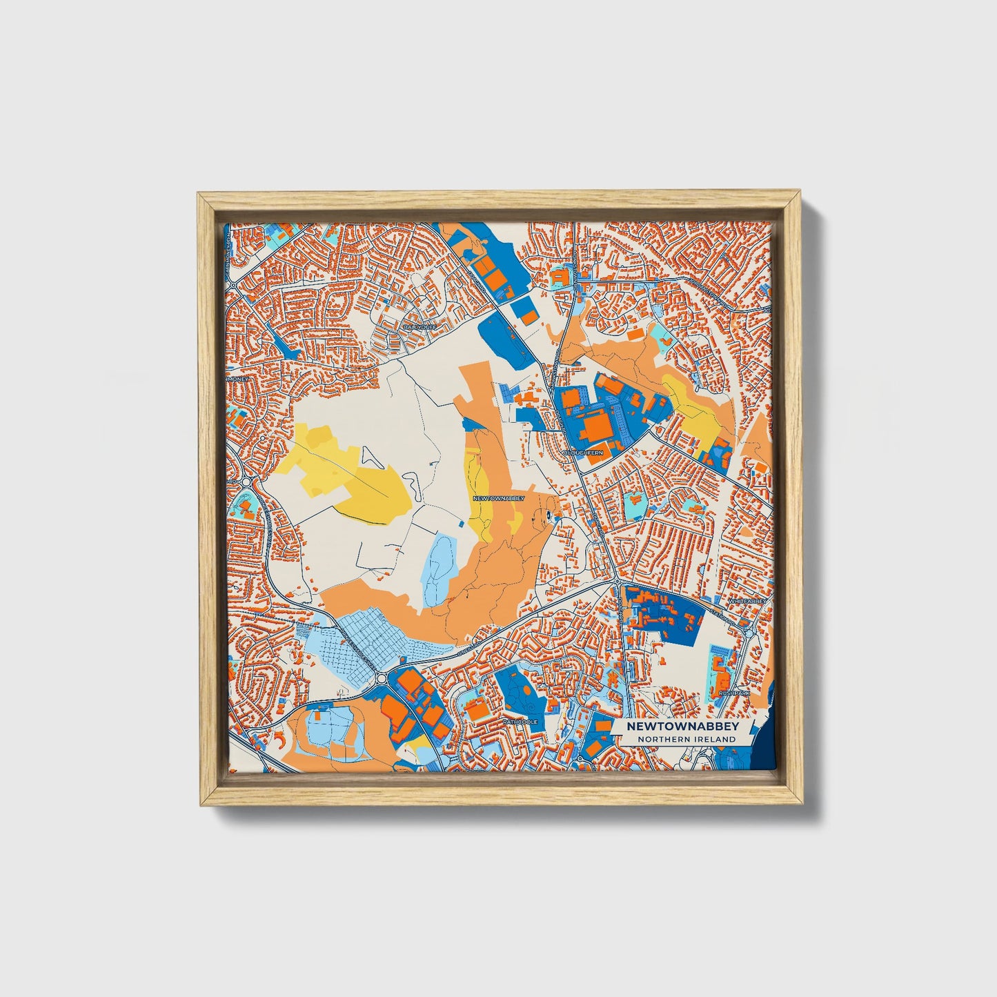Newtownabbey Northern Ireland Colorful City Map Canvas Print • Natural Wooden Framed