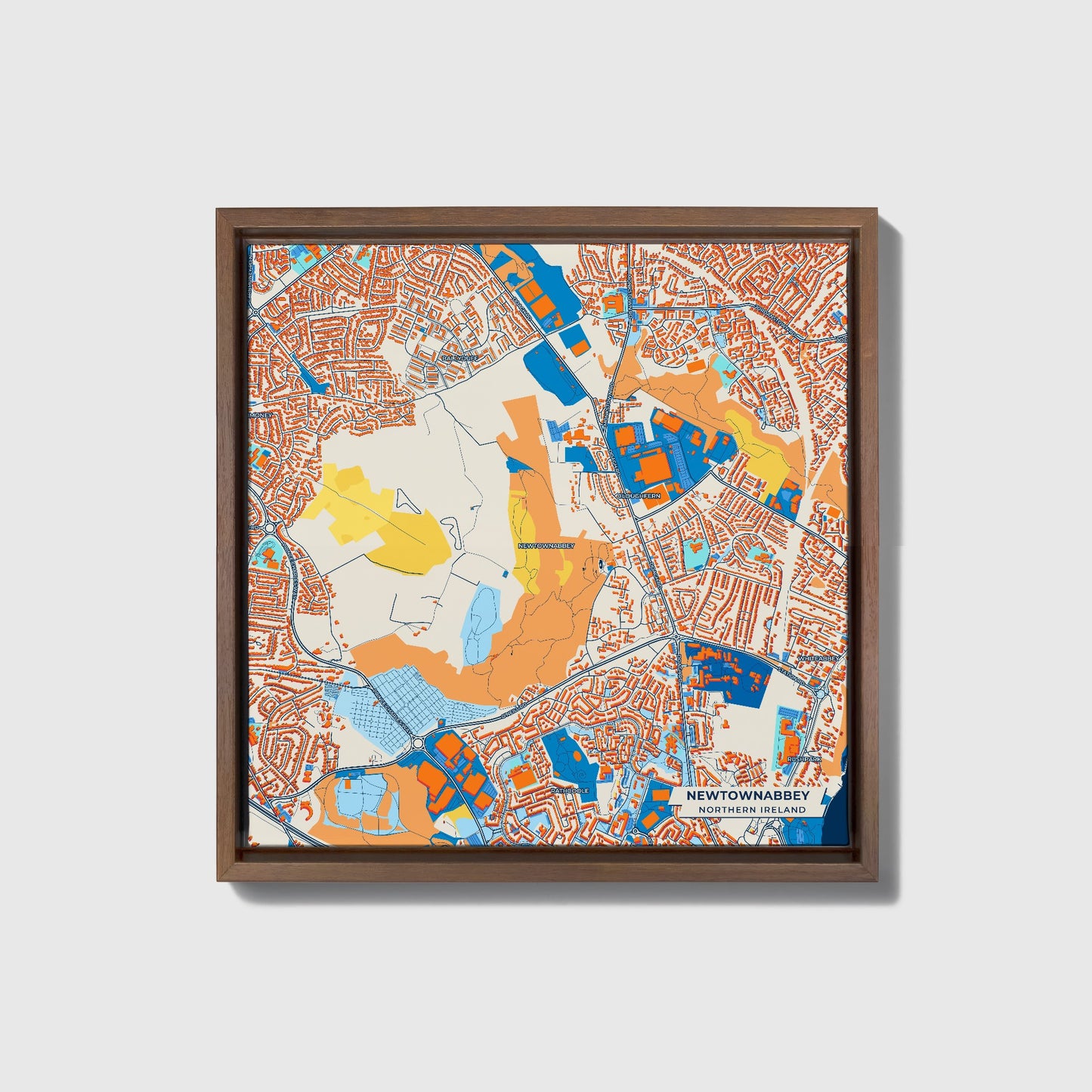 Newtownabbey Northern Ireland Colorful City Map Canvas Print • Dark Wooden Framed