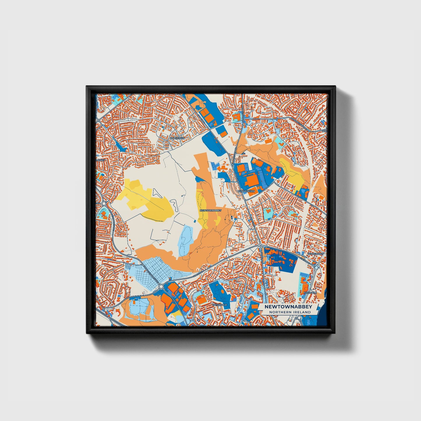Newtownabbey Northern Ireland Colorful City Map Canvas Print • Black Framed
