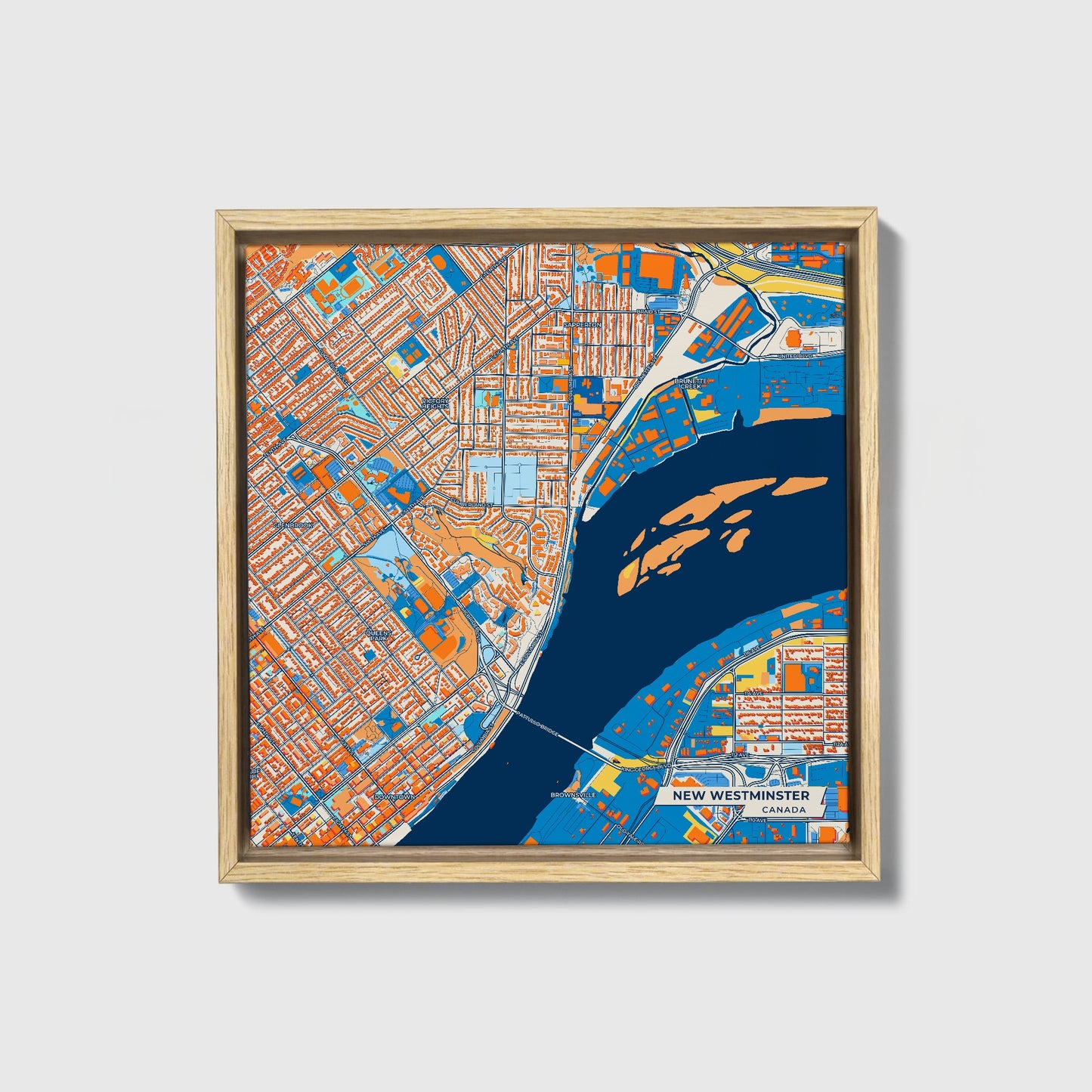 New Westminster Canada Colorful City Map Canvas Print • Natural Wooden Framed