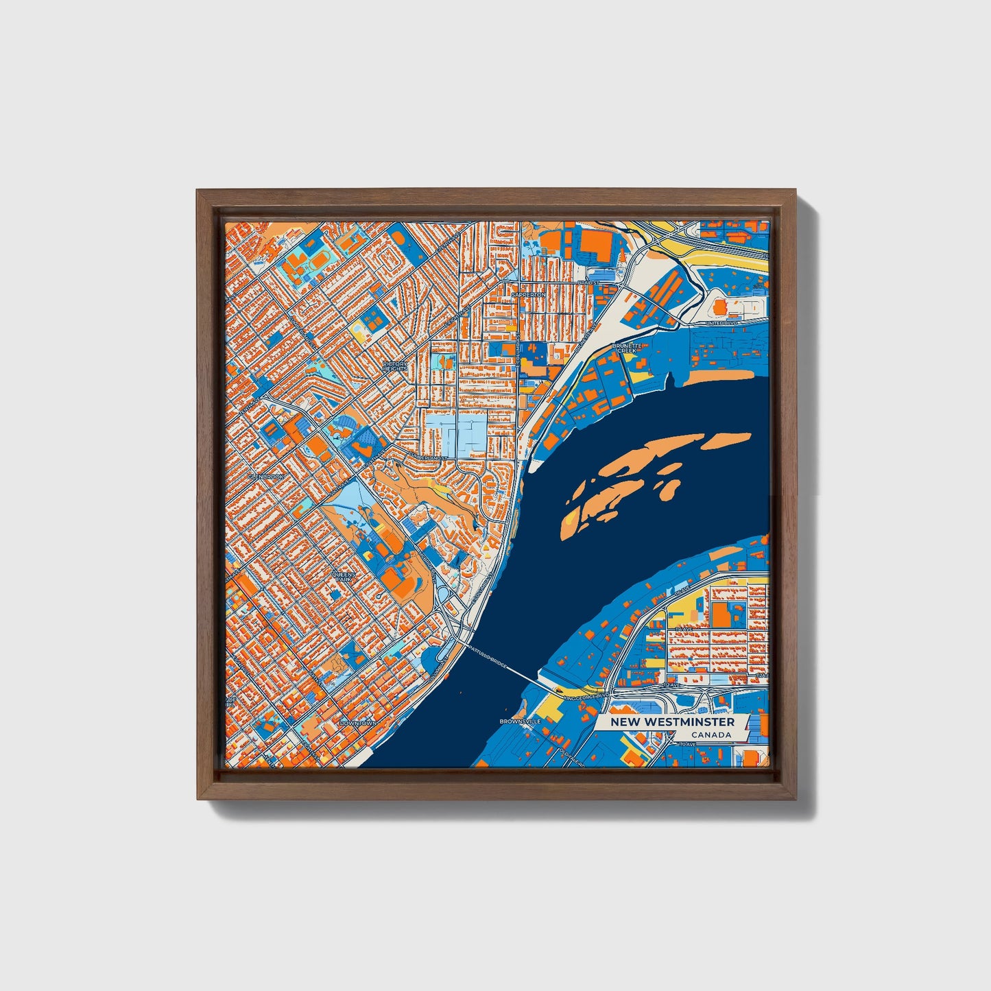 New Westminster Canada Colorful City Map Canvas Print • Dark Wooden Framed