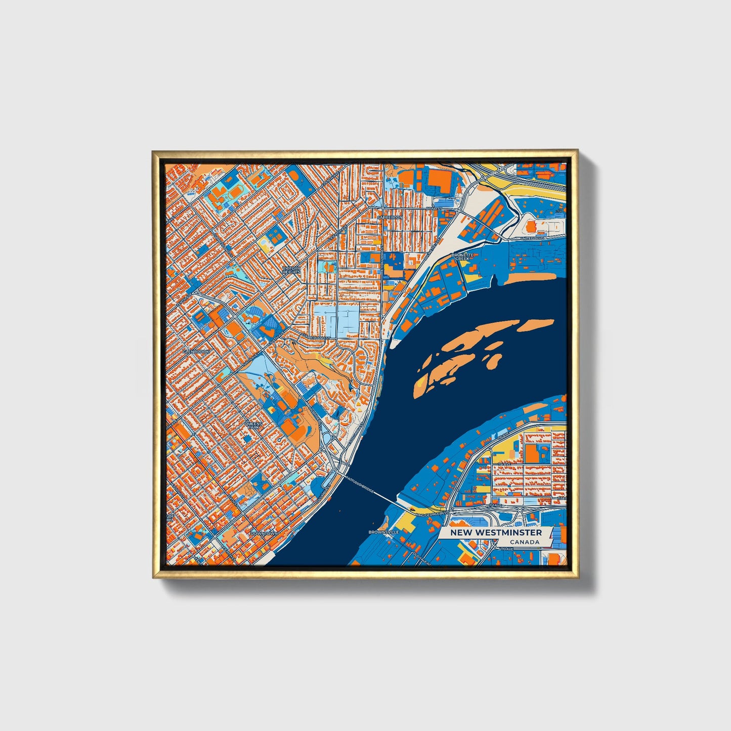 New Westminster Canada Colorful City Map Canvas Print • Gold Framed