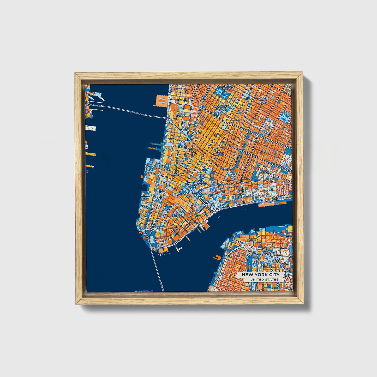 New York City United States Colorful City Map Canvas Print • Natural Wooden Framed