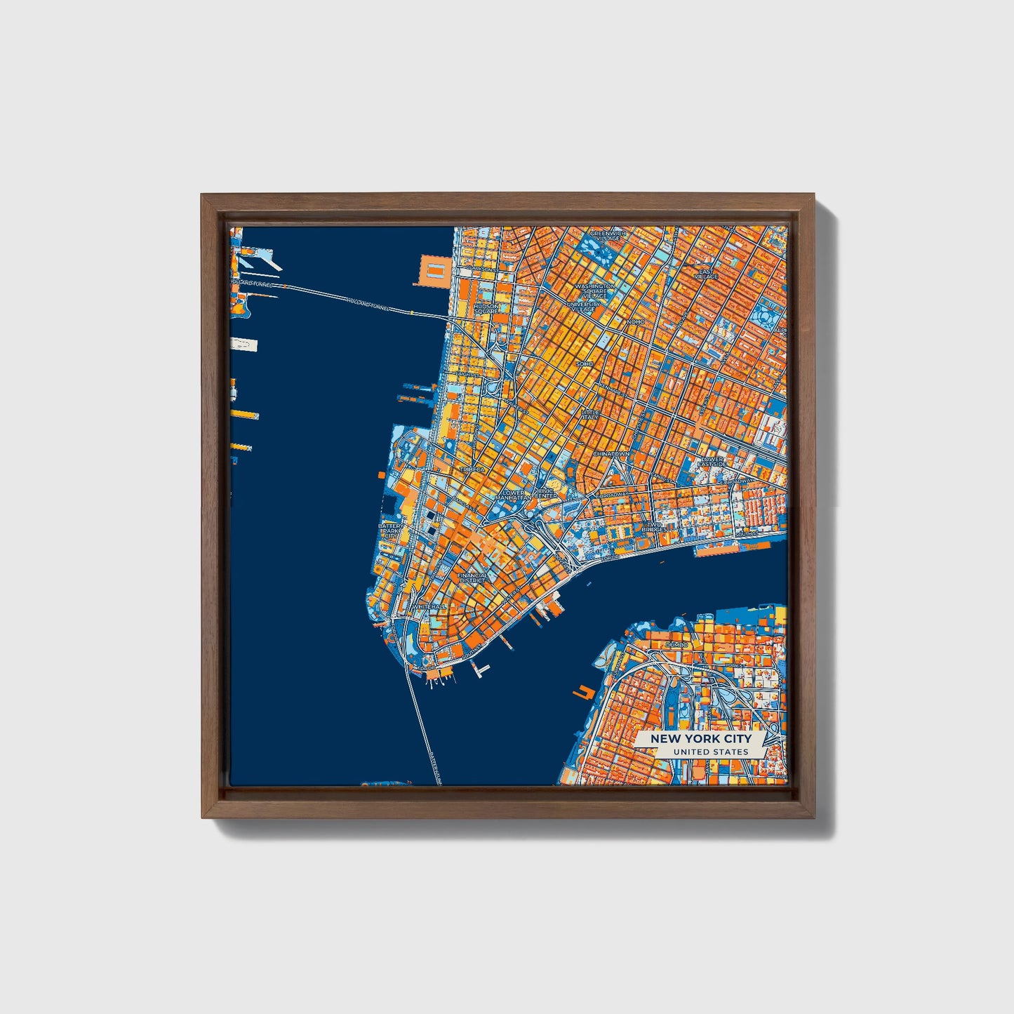 New York City United States Colorful City Map Canvas Print • Dark Wooden Framed