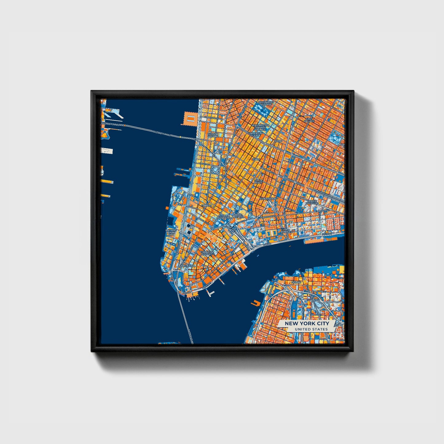 New York City United States Colorful City Map Canvas Print • Black Framed