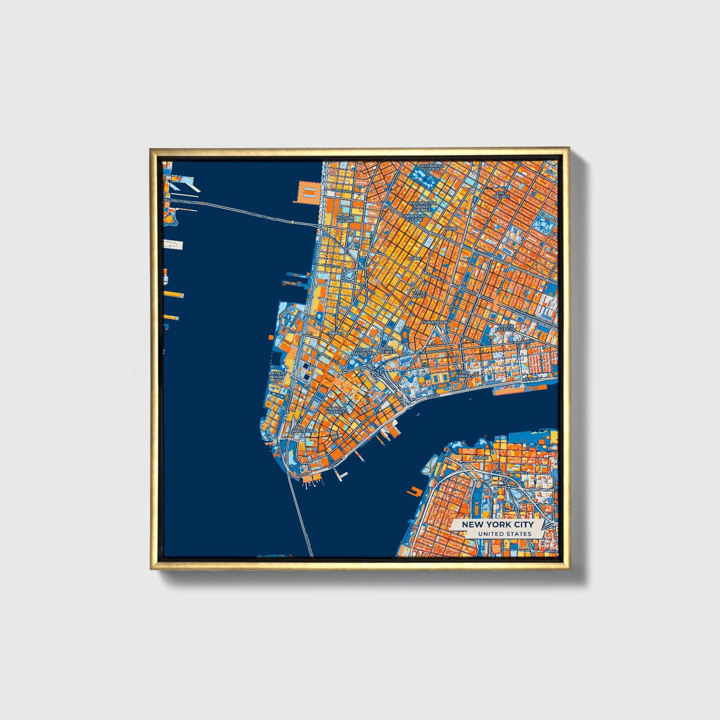 New York City United States Colorful City Map Canvas Print • Gold Framed