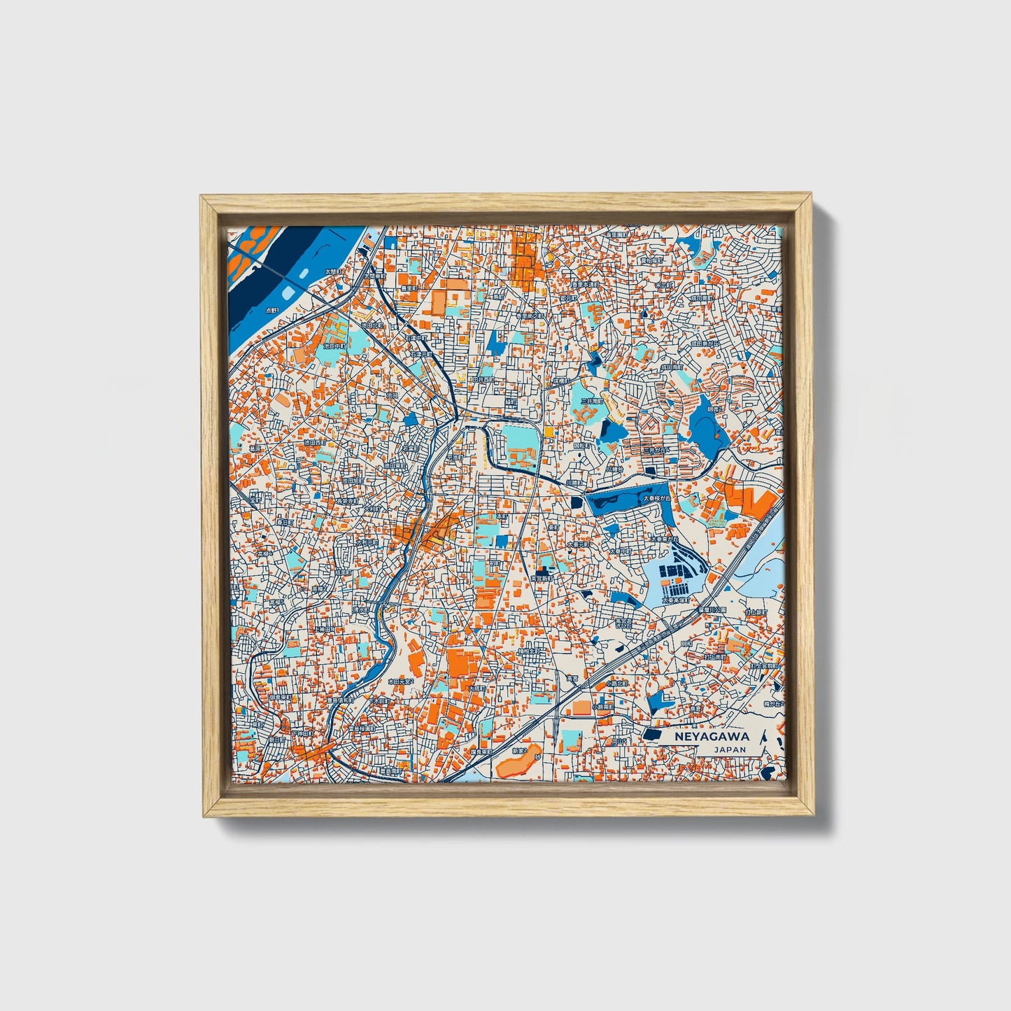 Neyagawa Japan Colorful City Map Canvas Print • Natural Wooden Framed