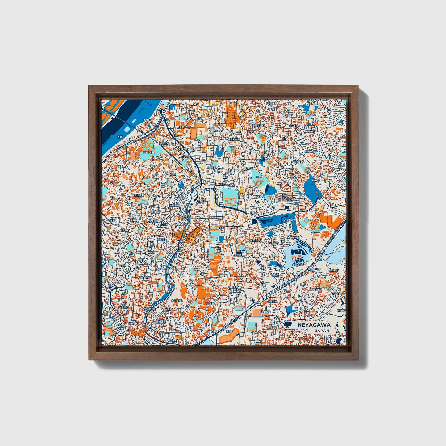 Neyagawa Japan Colorful City Map Canvas Print • Dark Wooden Framed