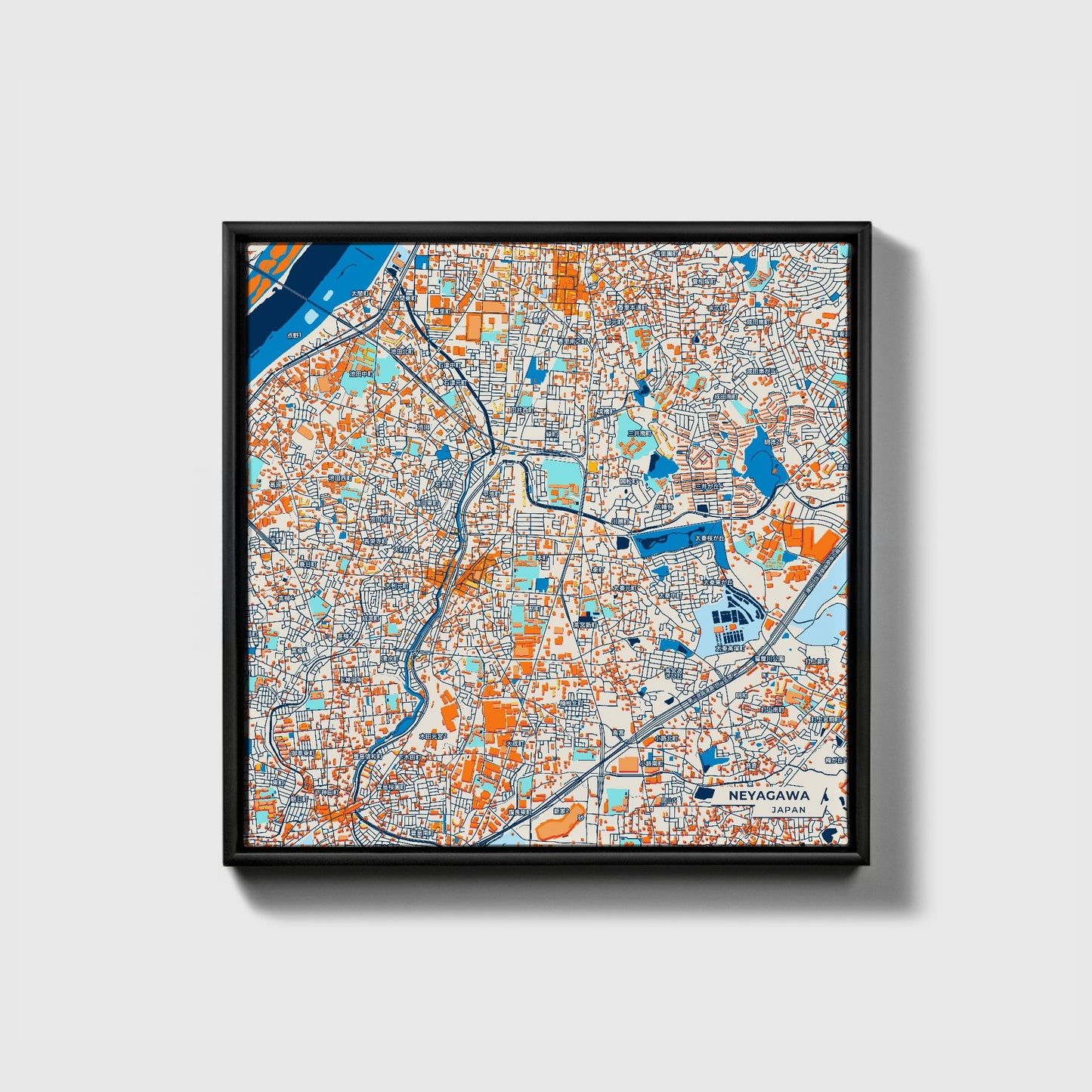 Neyagawa Japan Colorful City Map Canvas Print • Black Framed