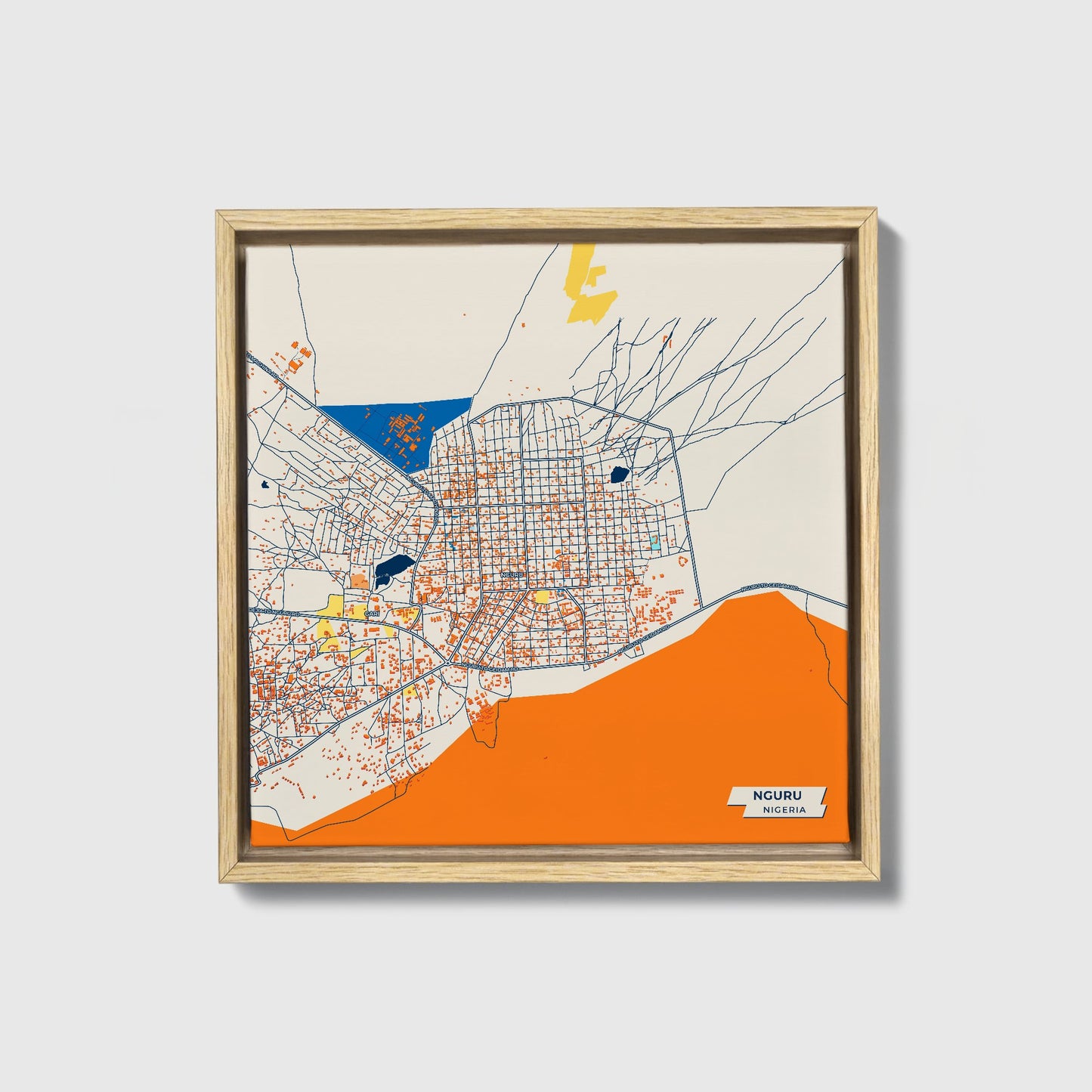 Nguru Nigeria Colorful City Map Canvas Print • Natural Wooden Framed