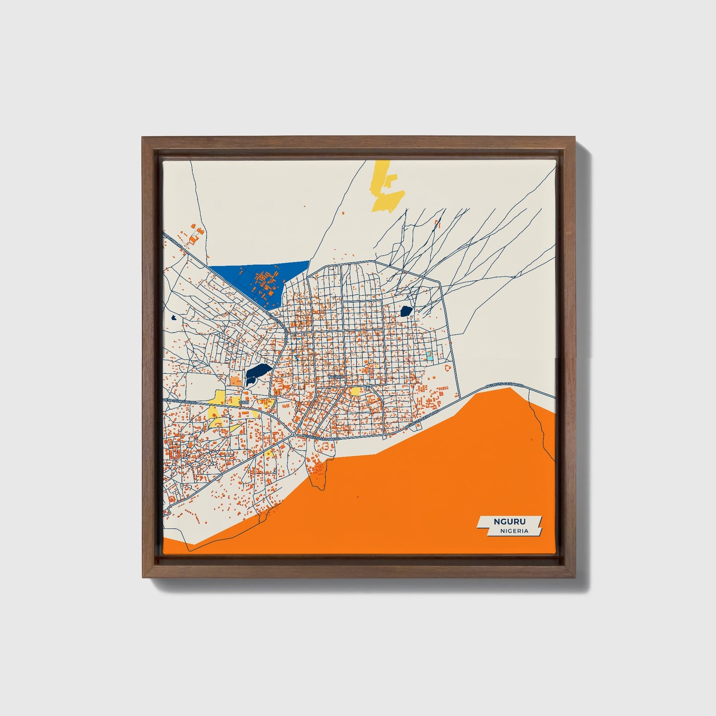 Nguru Nigeria Colorful City Map Canvas Print • Dark Wooden Framed
